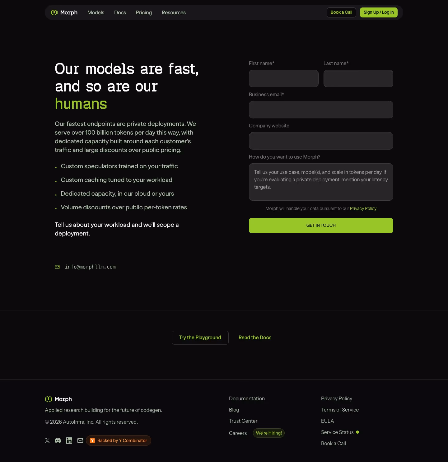 Morphllm Contact Us section design