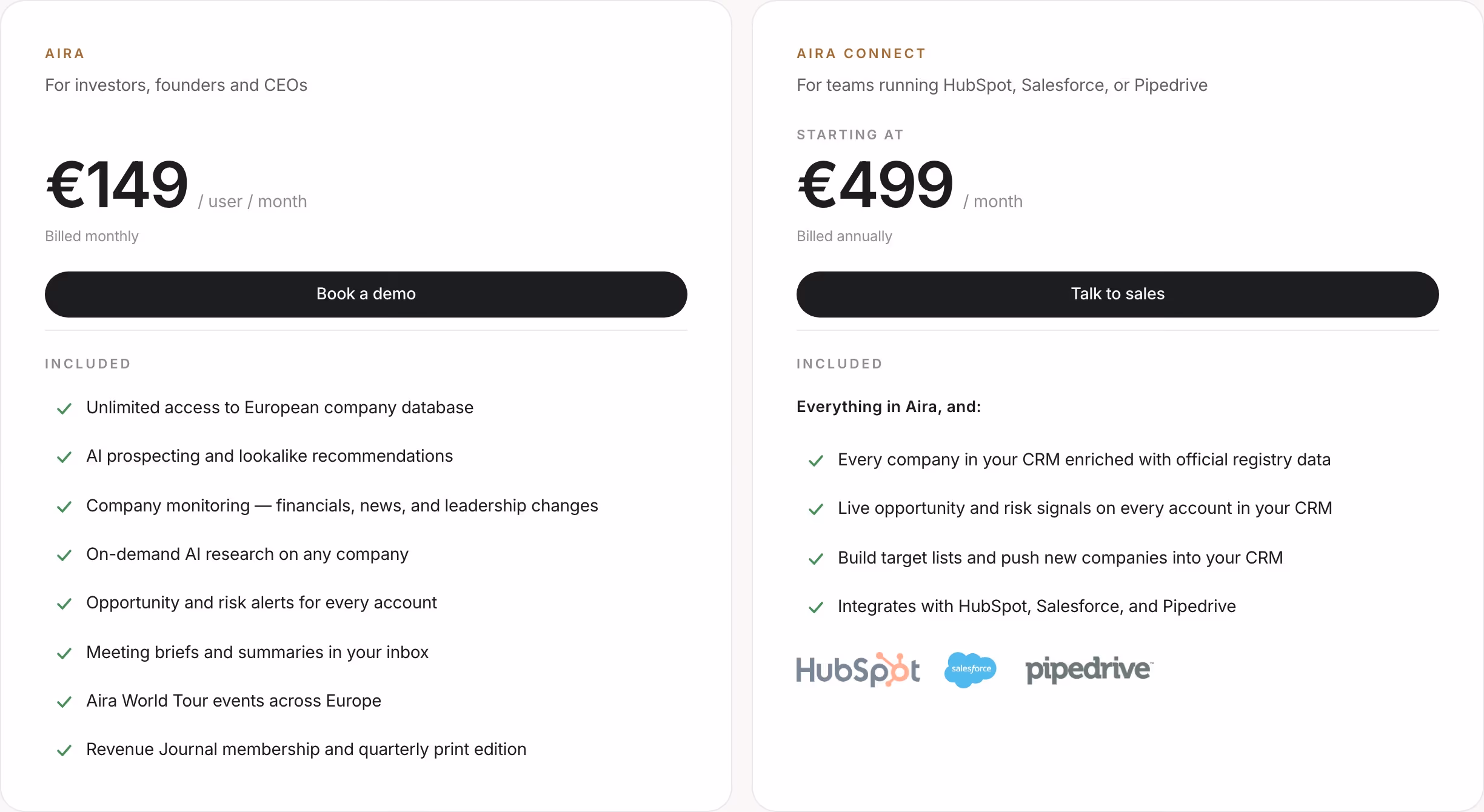 Aira Pricing section design
