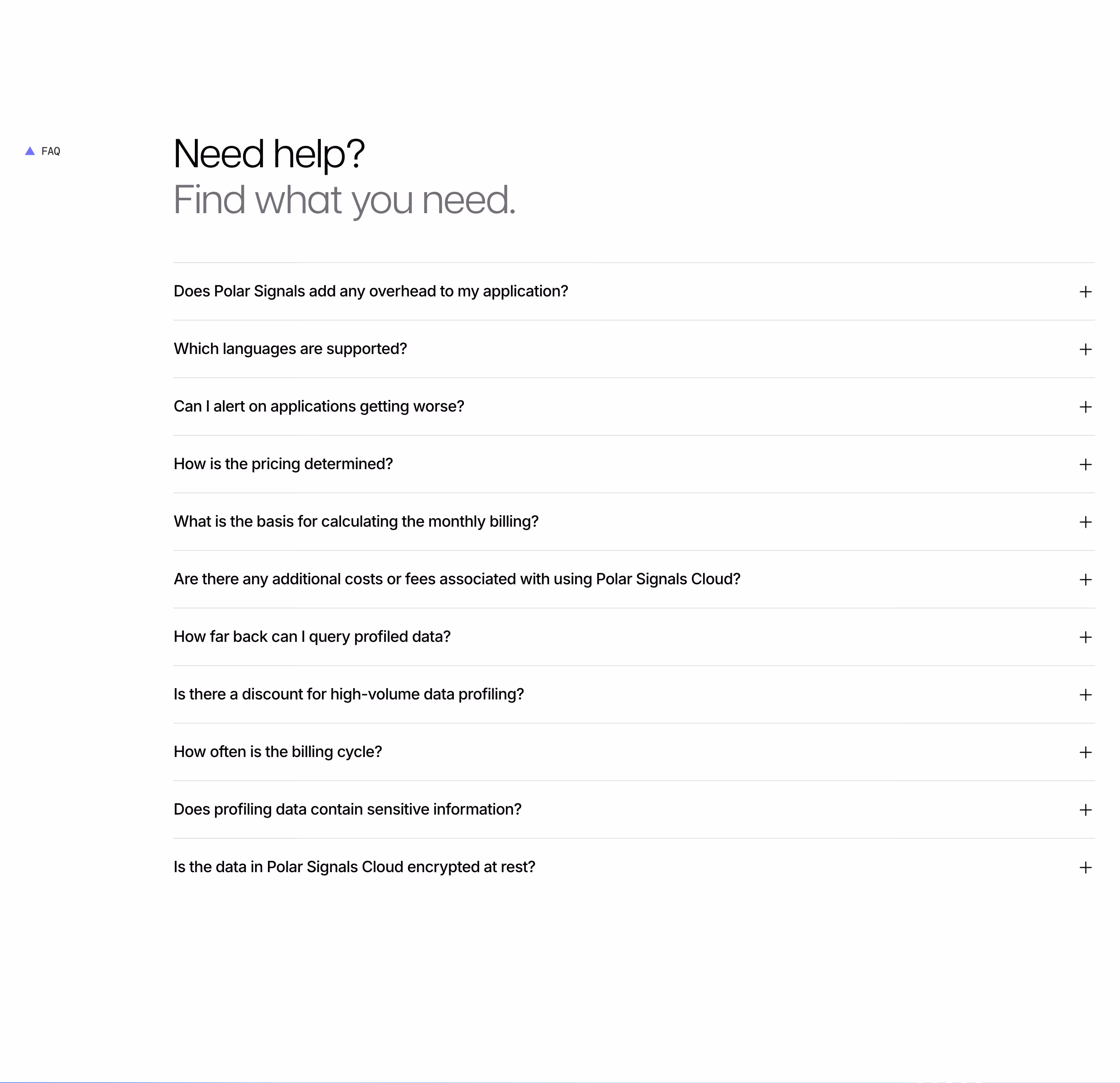 Polarsignals FAQs section design
