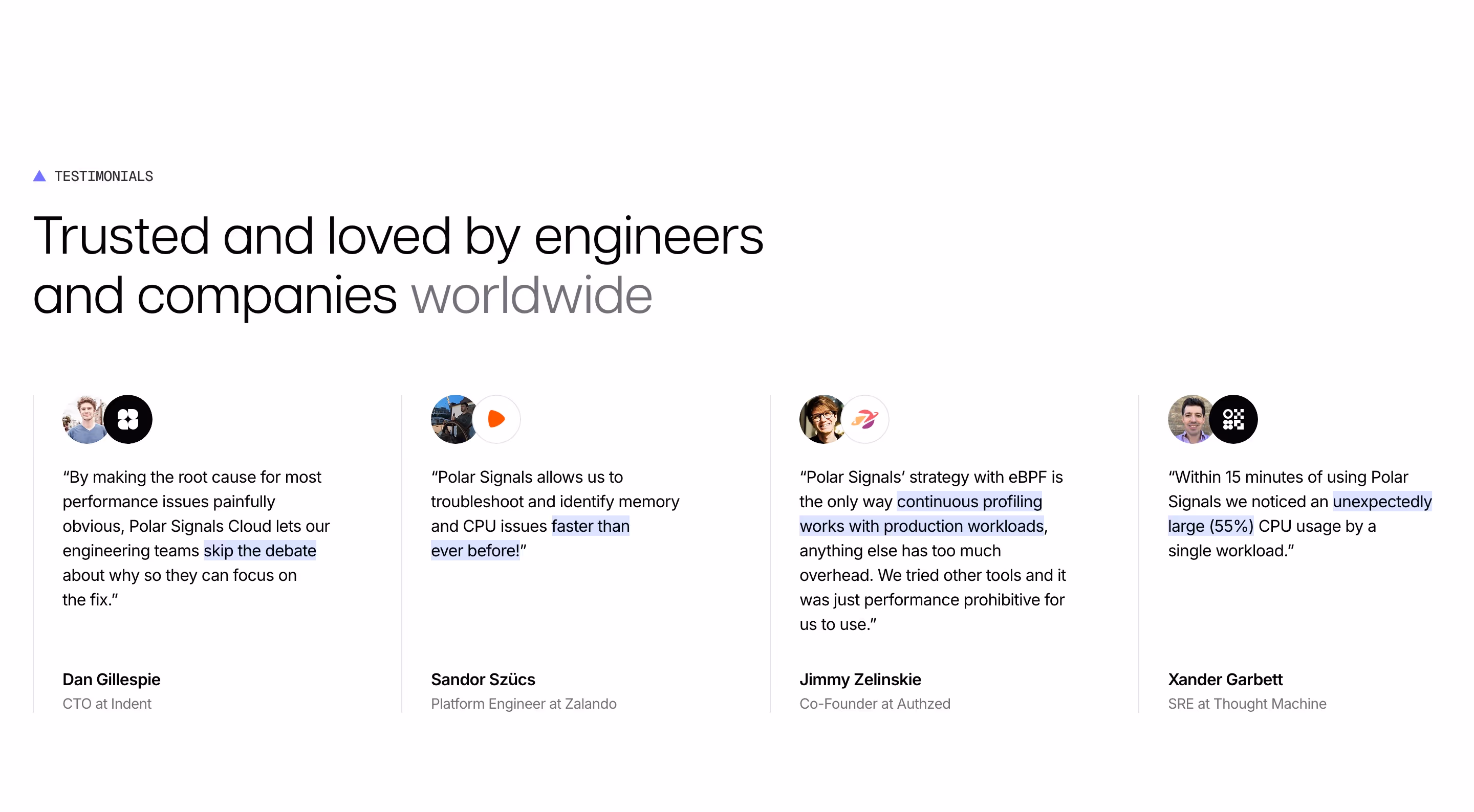 Polarsignals Testimonials section design