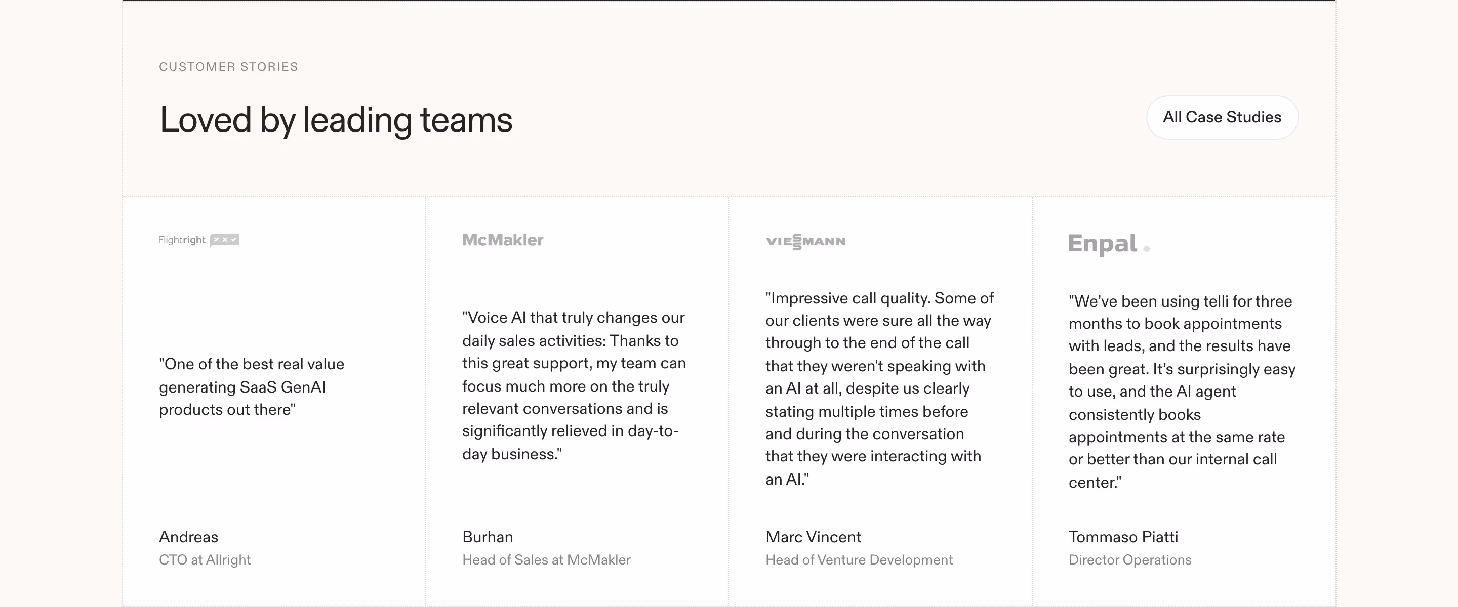 Telli testimonial design — Sales & Support