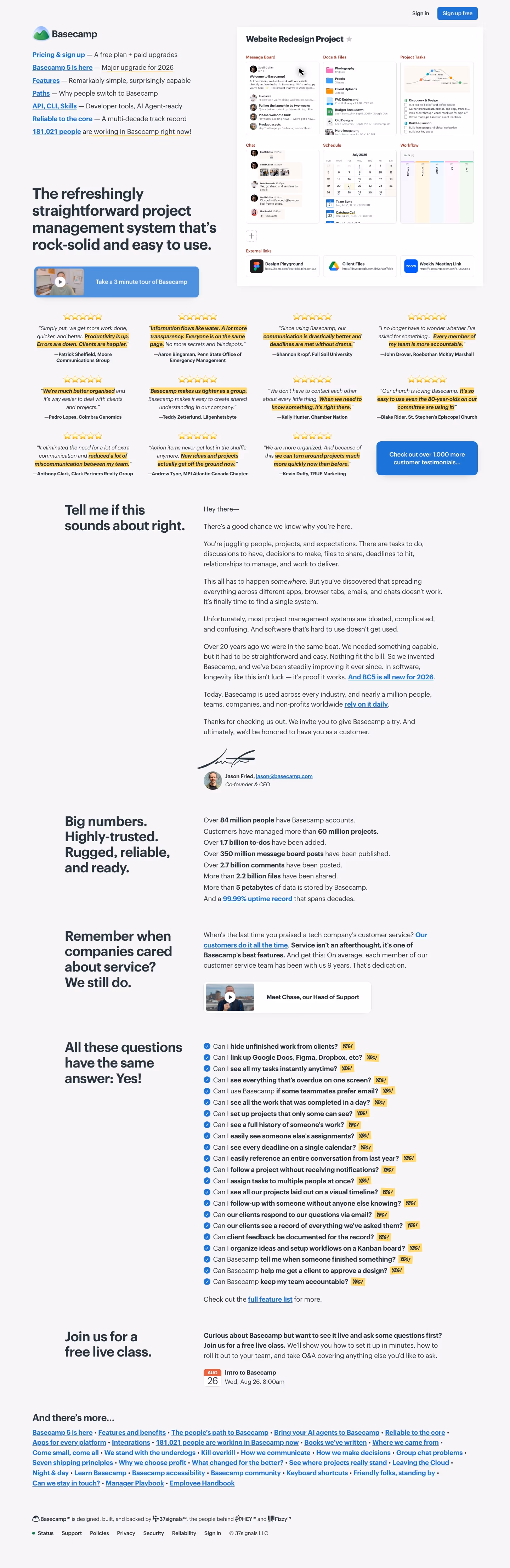 Basecamp landing page design — Productivity & Collaboration