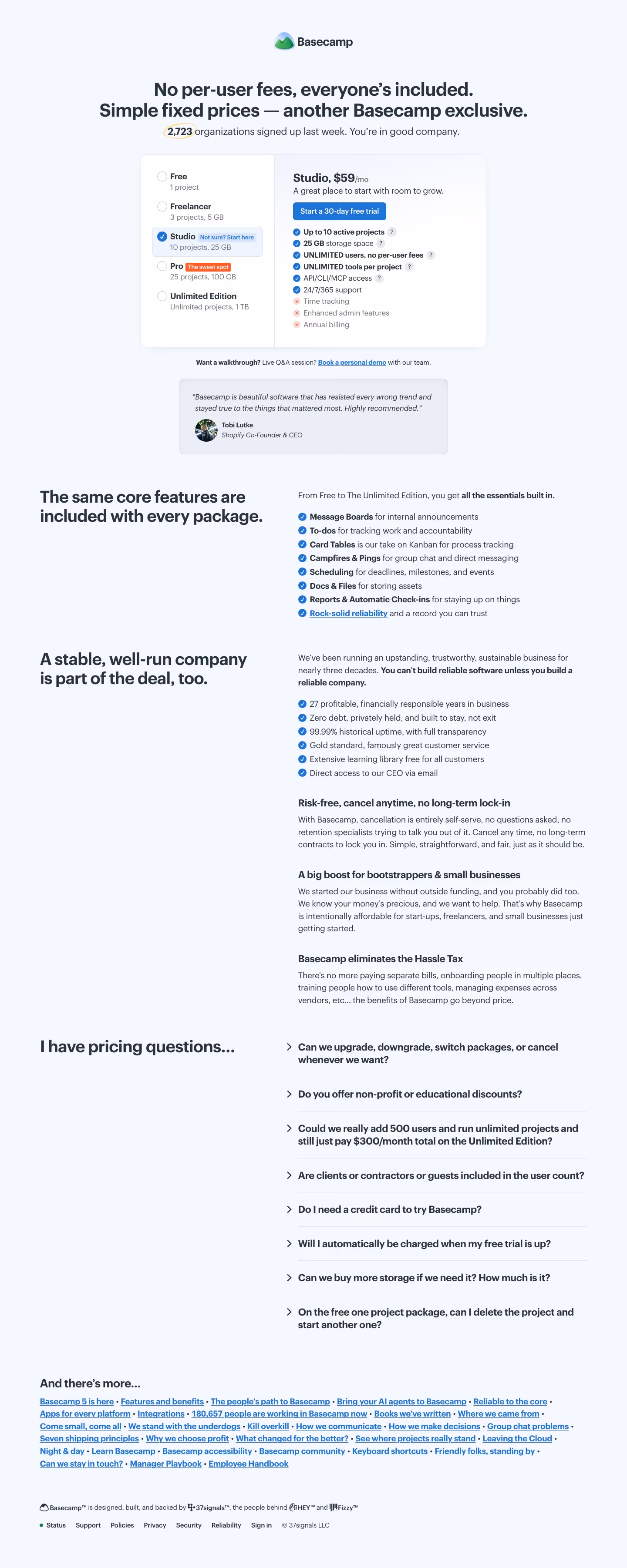 Basecamp Pricing & Plans section design