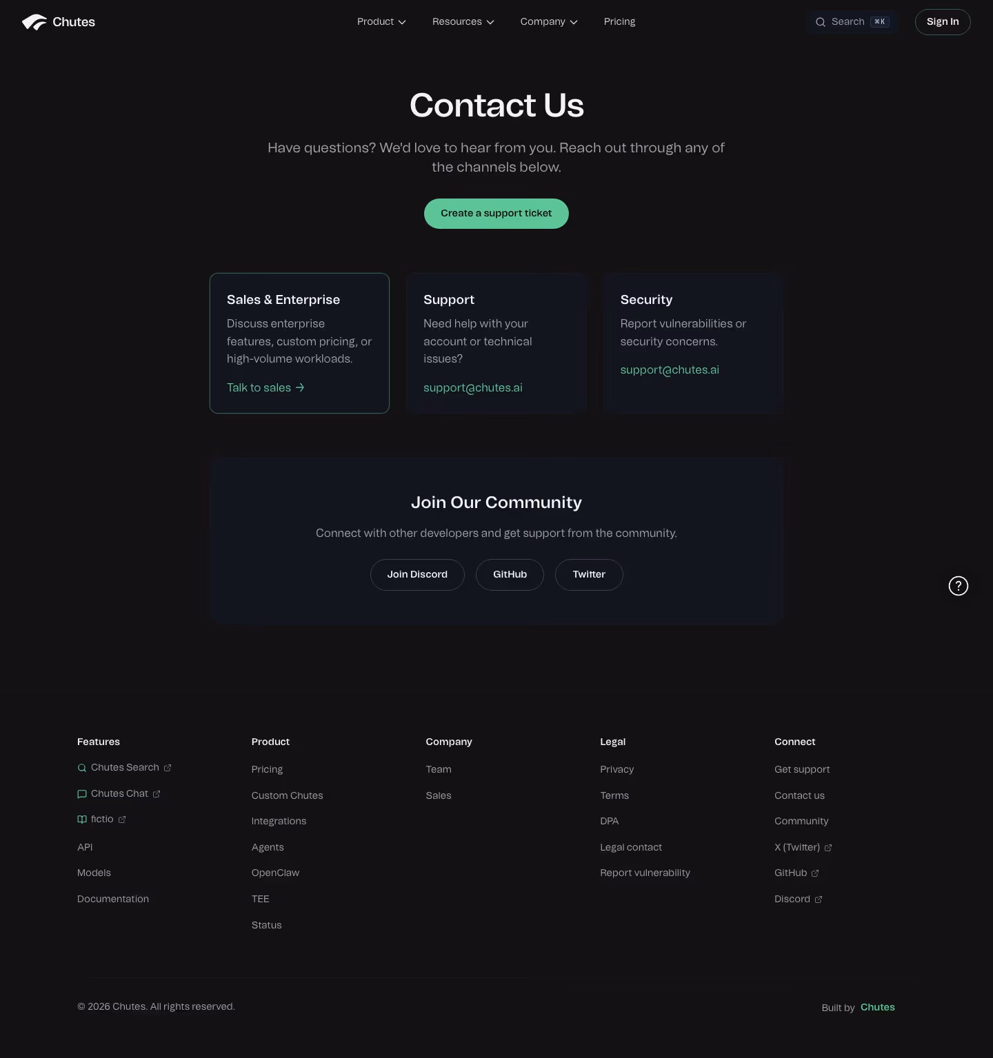Chutes Contact Us section design