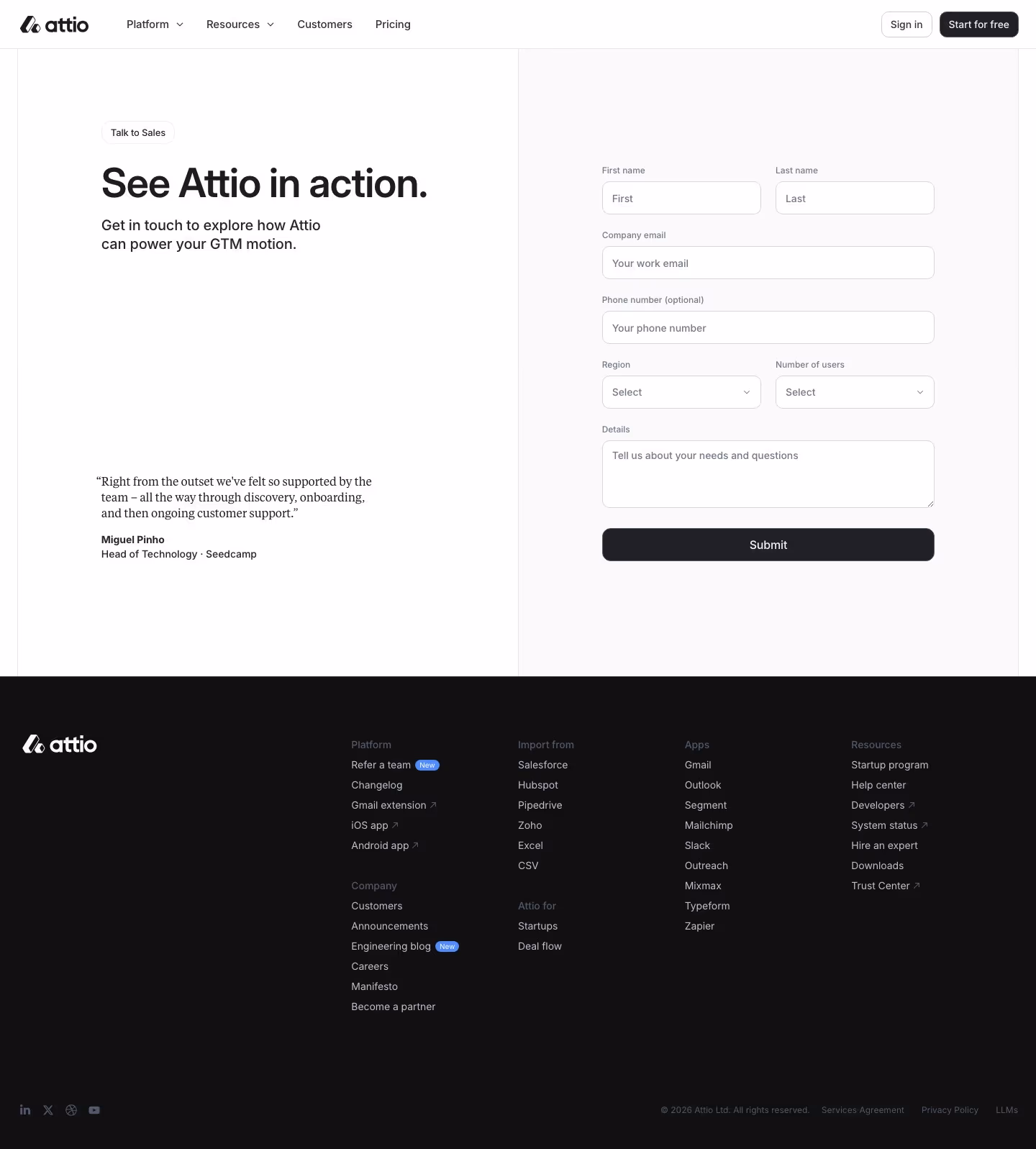 Attio Contact Us section design