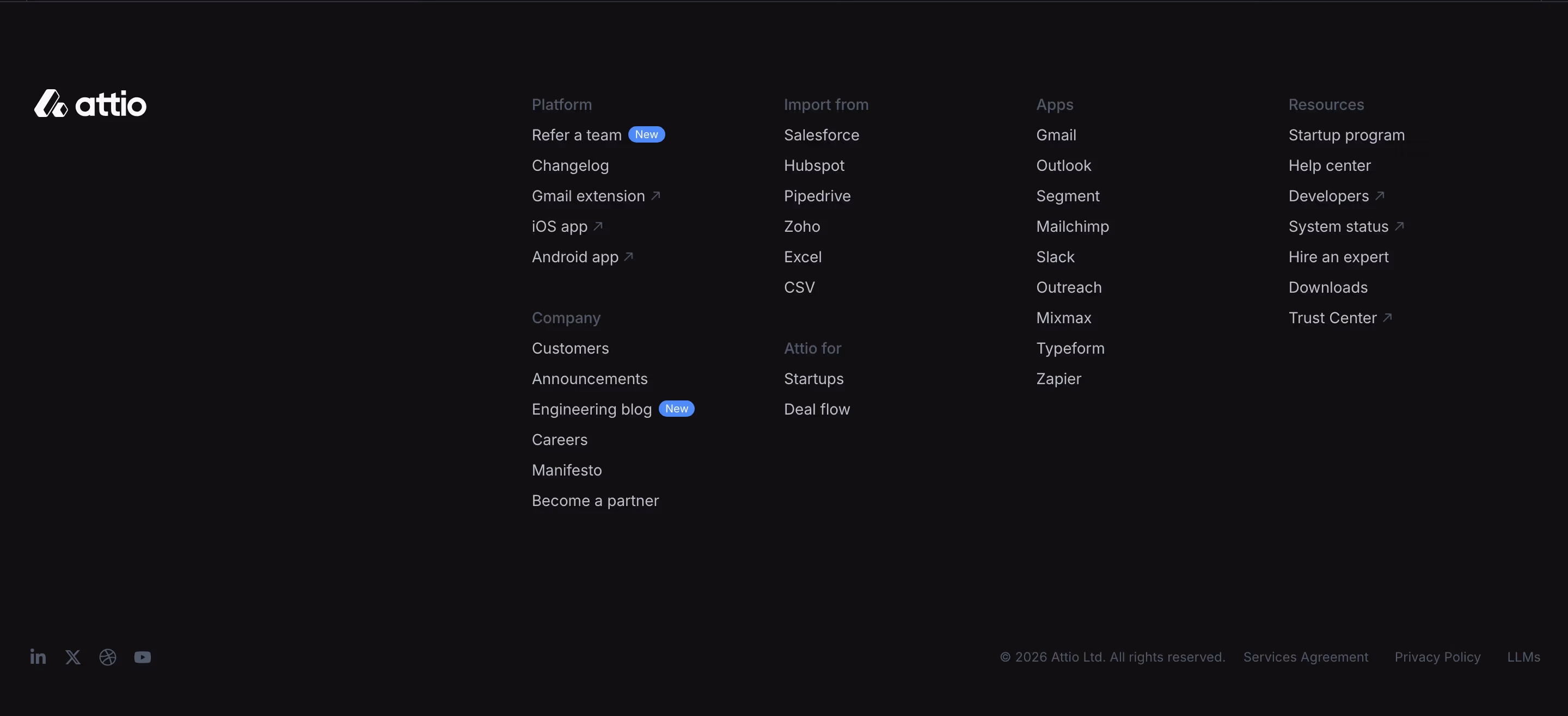 Attio footer design — Sales & Support