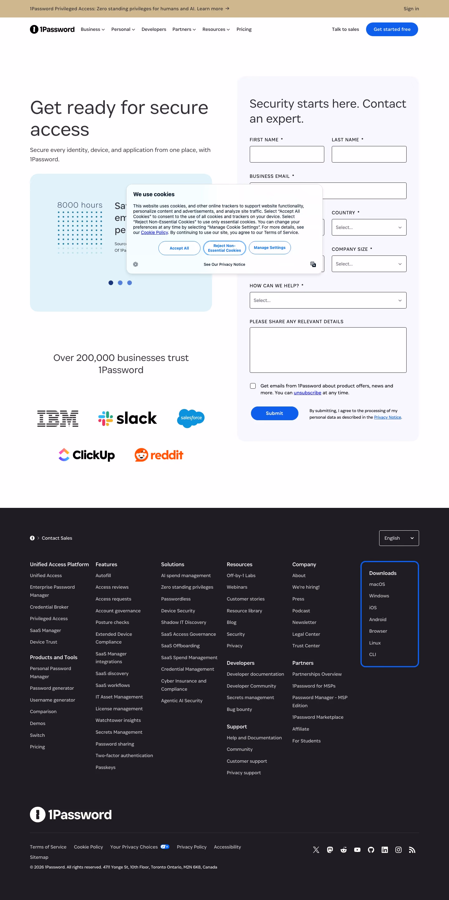 1password Contact Us section design
