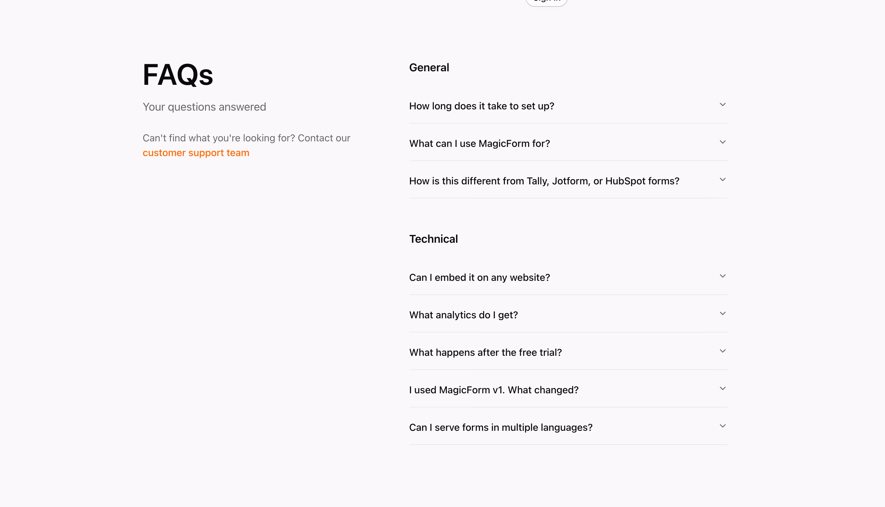 Getmagicform FAQs section design