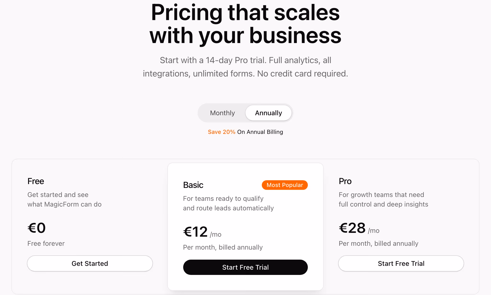 Getmagicform Pricing section design
