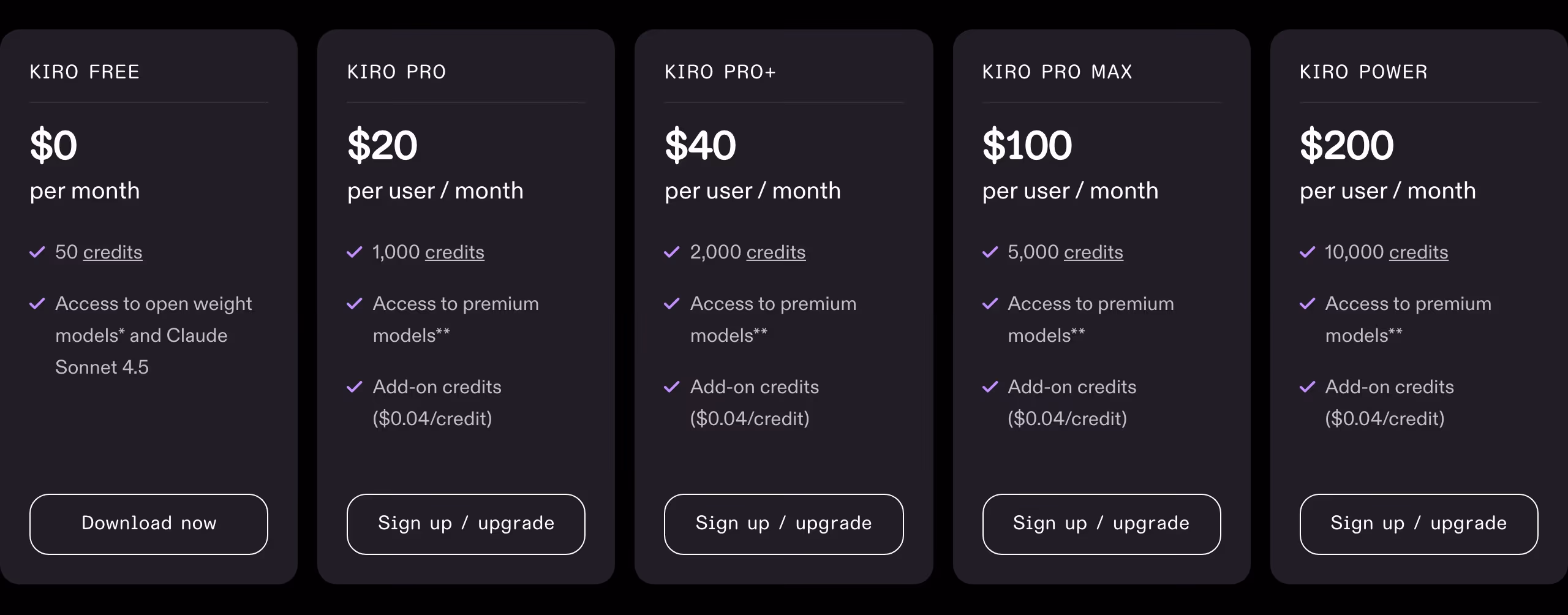 Kiro Pricing section design