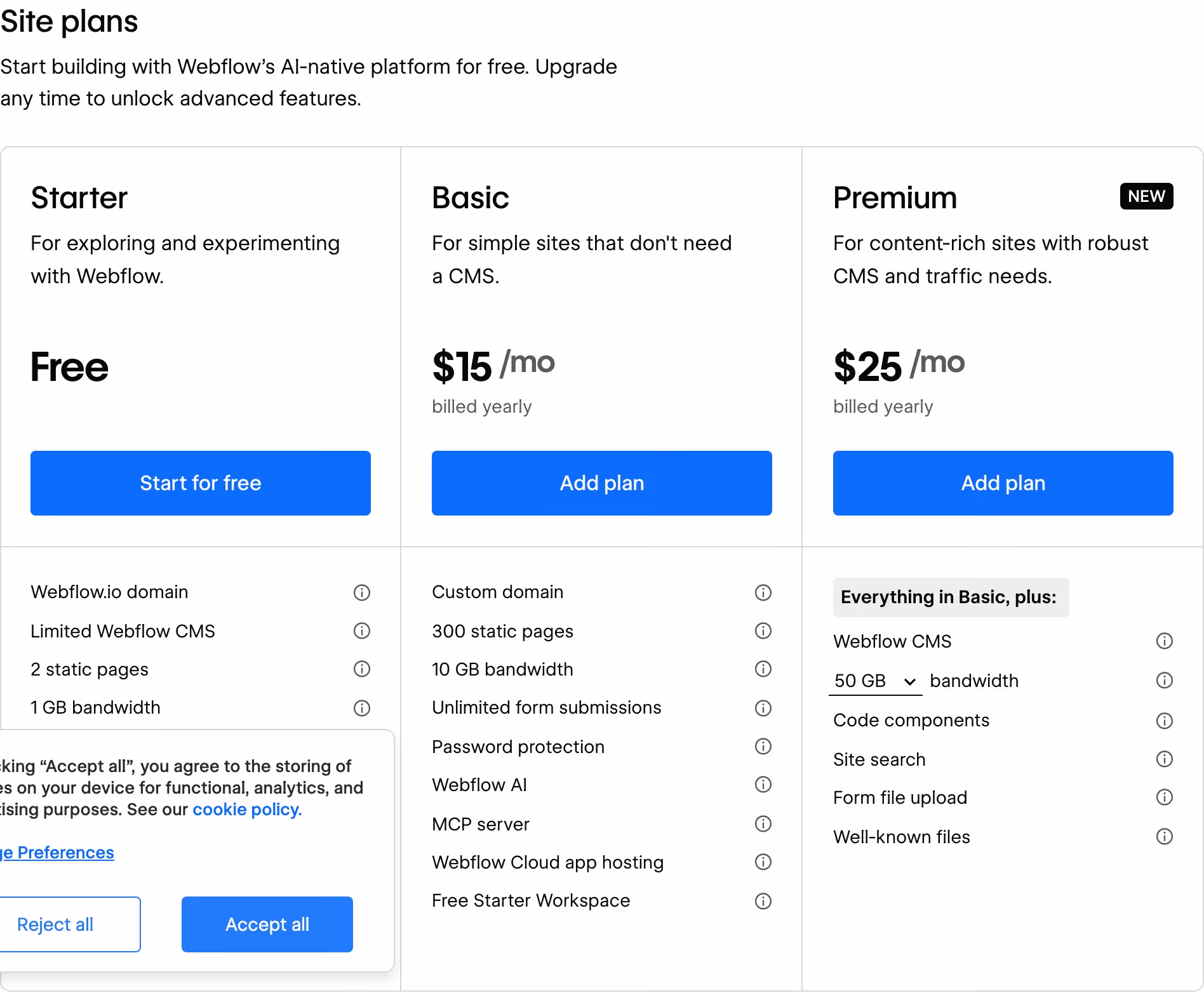 Webflow Pricing section design