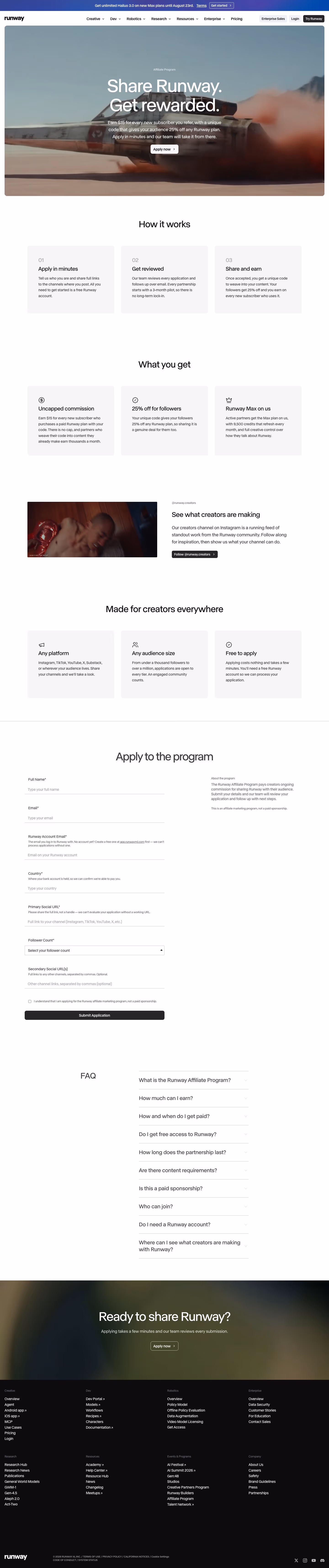 Runway Affiliate pages section design