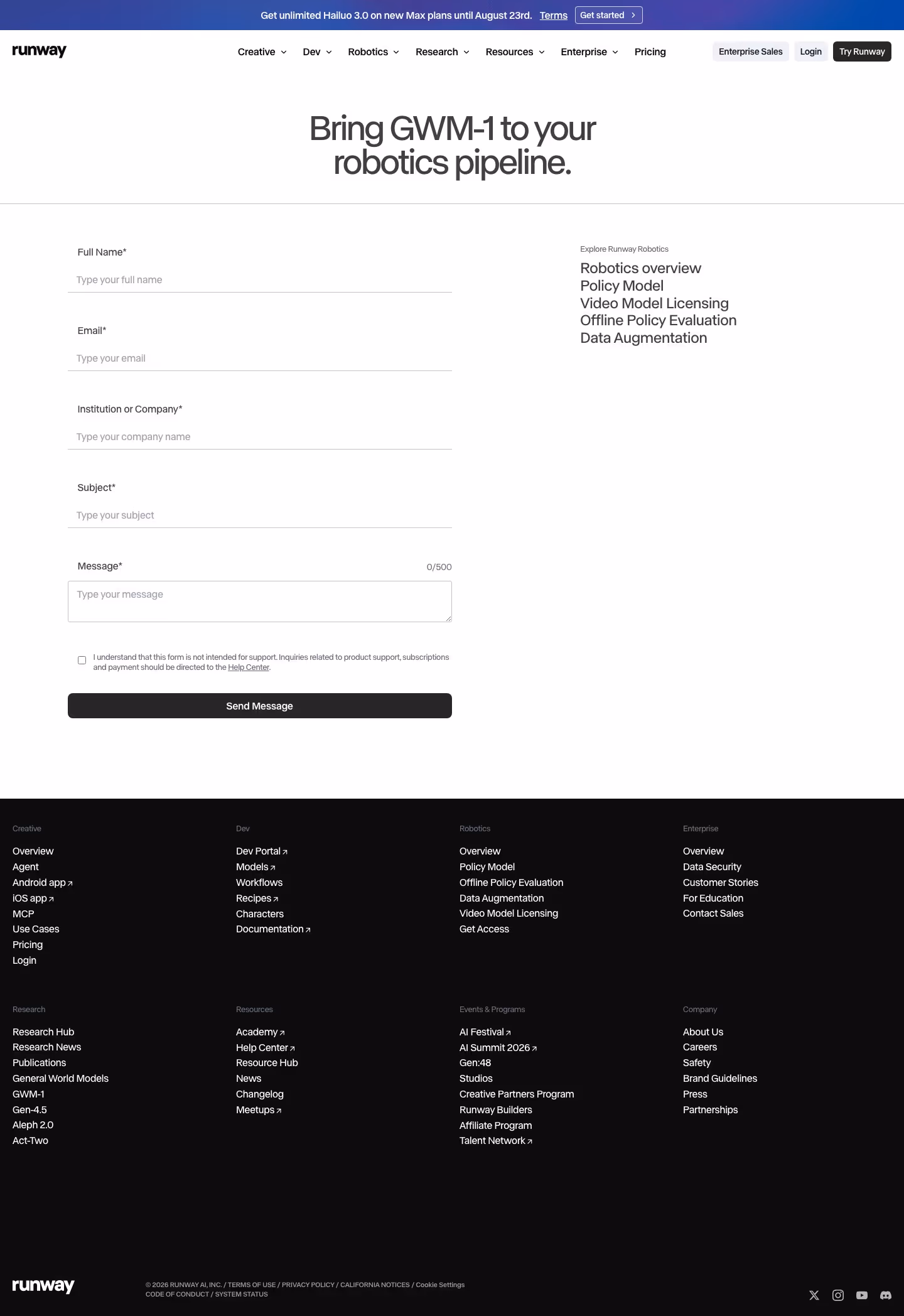 Runway Contact Us section design