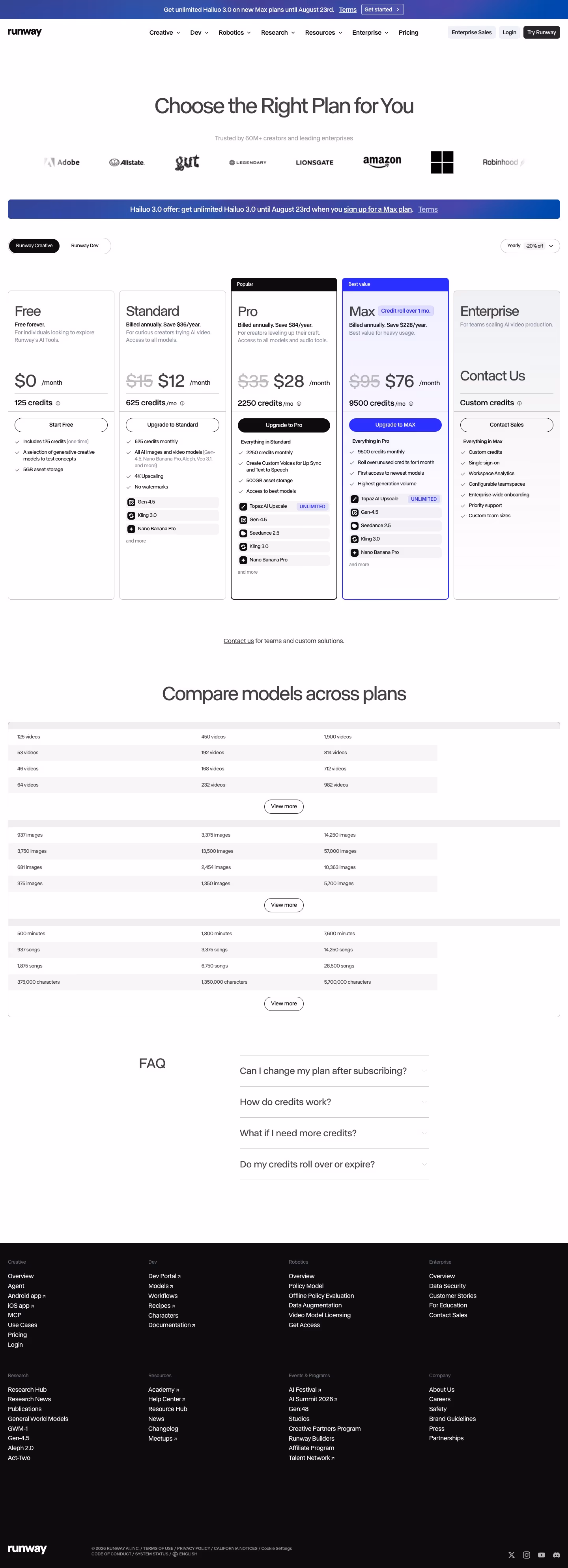 Runway Pricing & Plans section design