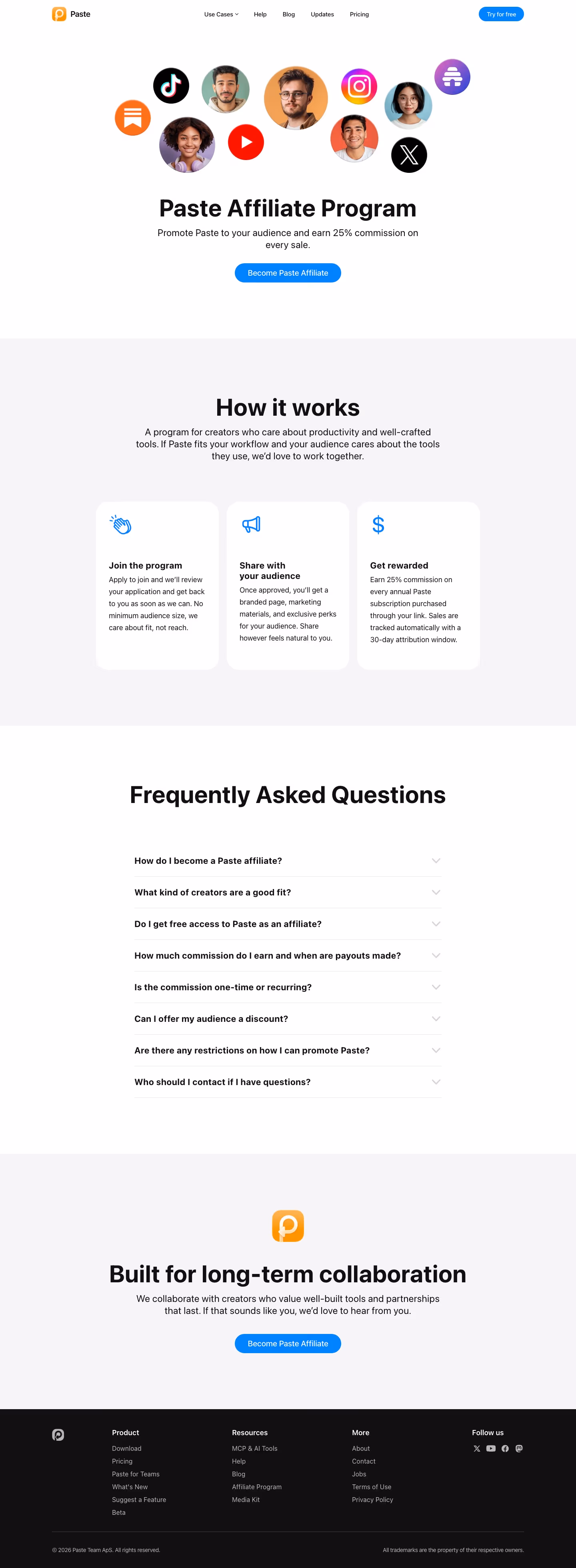Pasteapp Affiliate pages section design