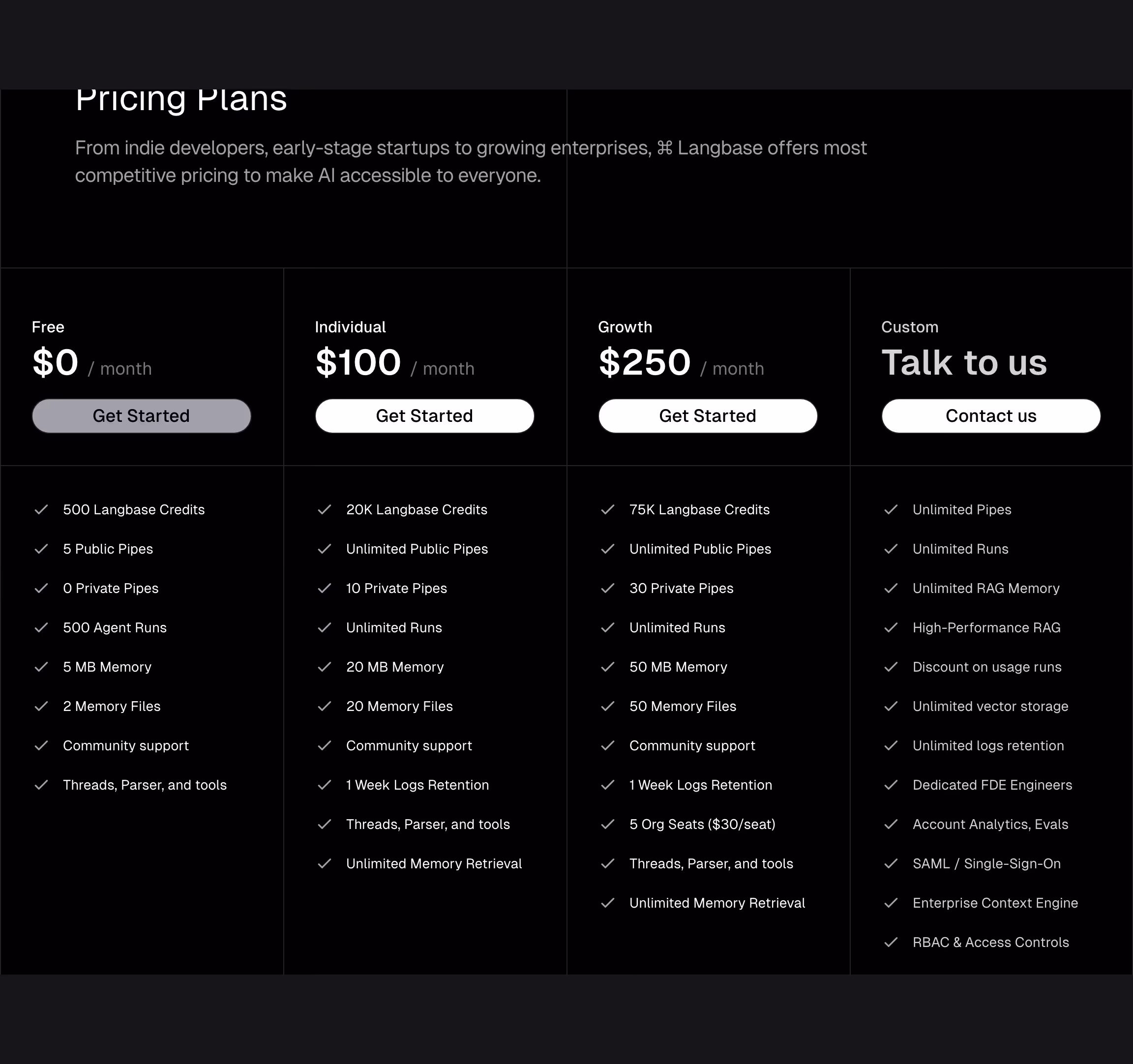 Langbase Pricing section design
