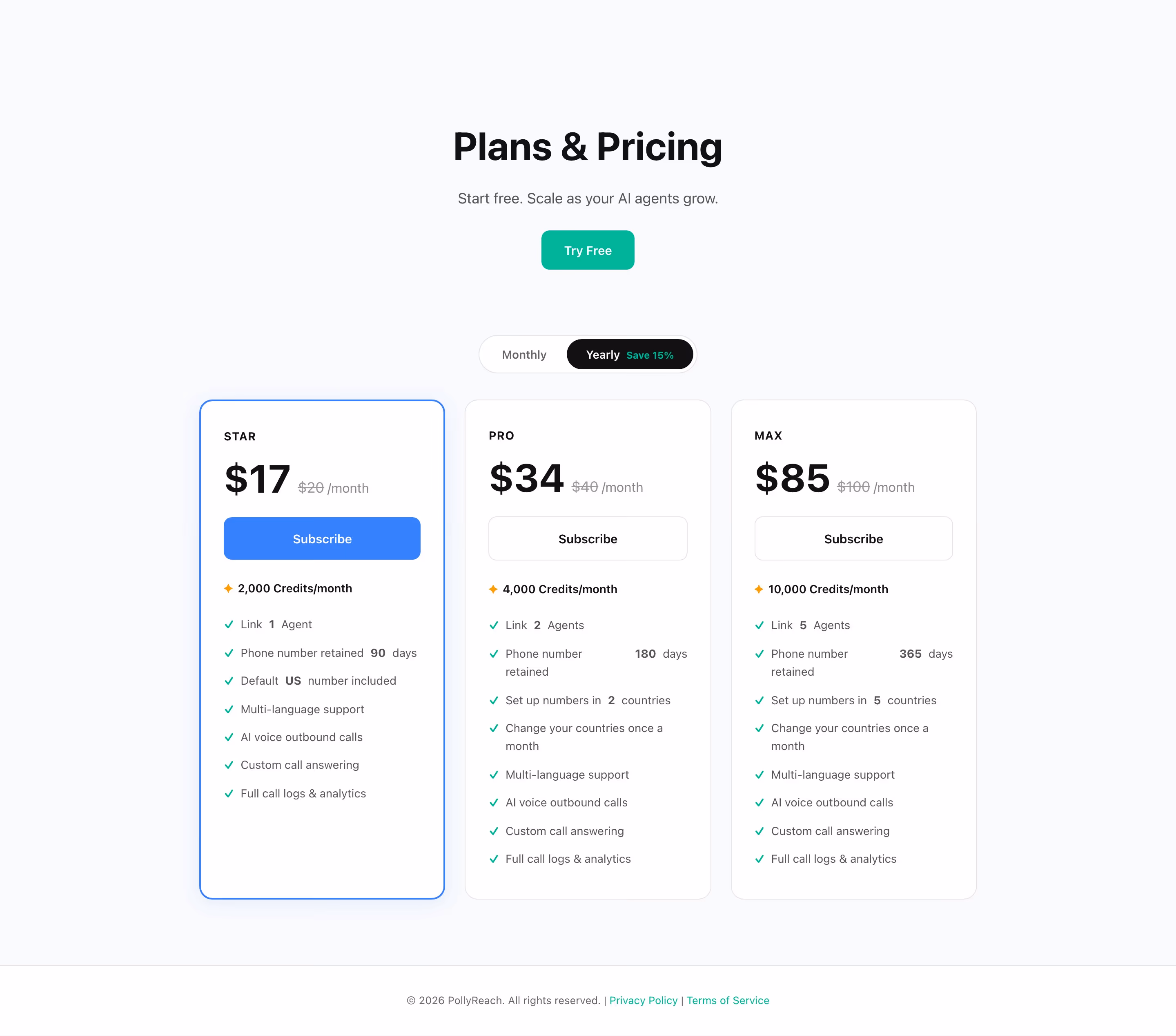 Pollyreach Pricing section design