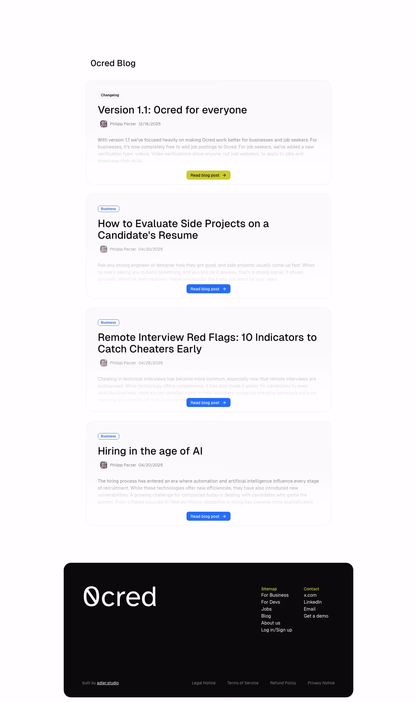 0cred Blog pages section design