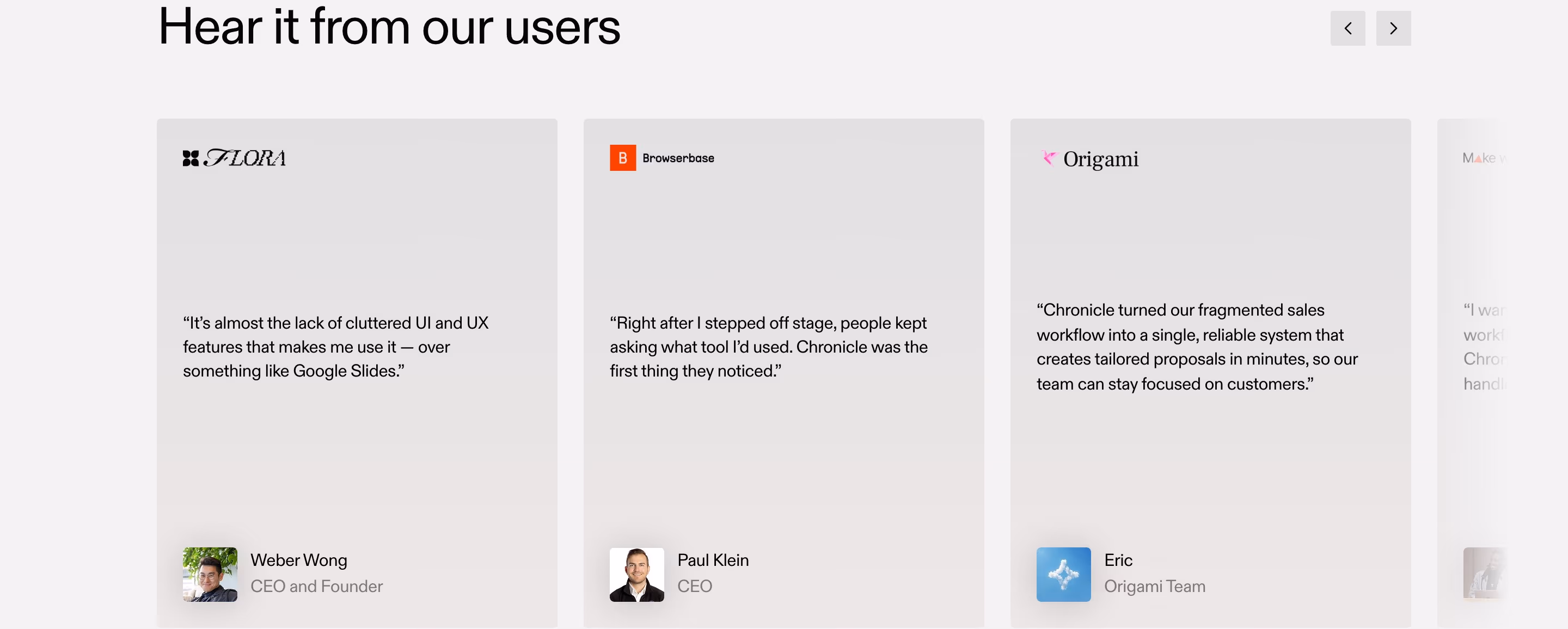Chronicle Testimonials section design