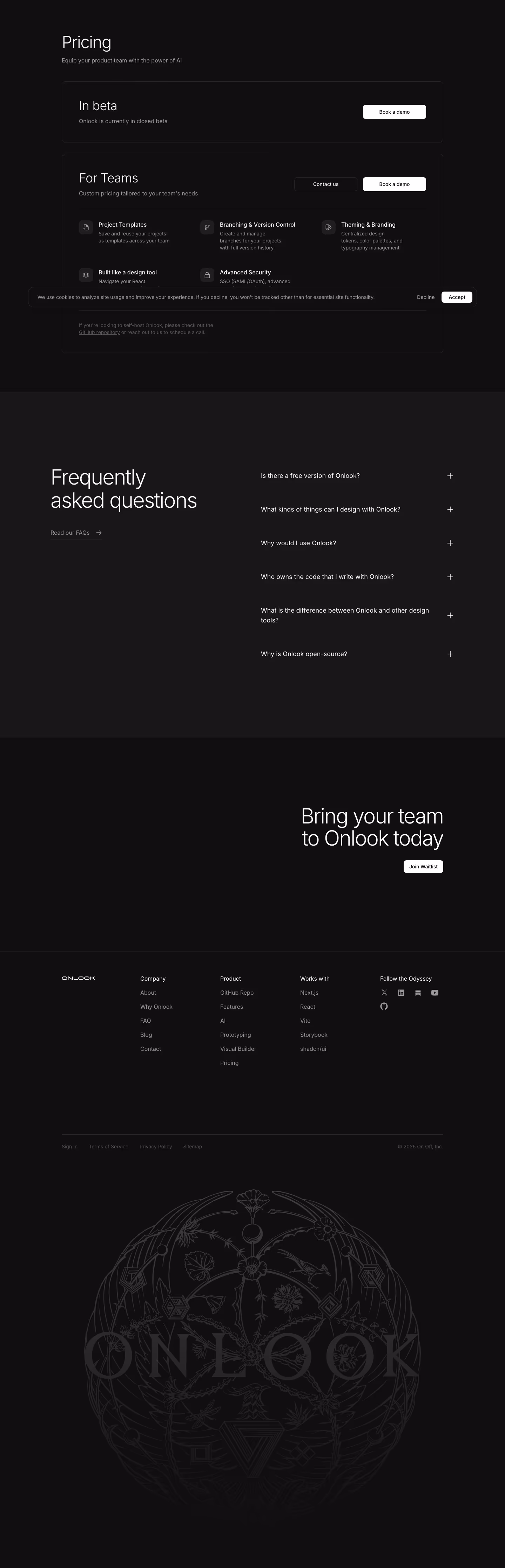 Onlook Pricing & Plans section design