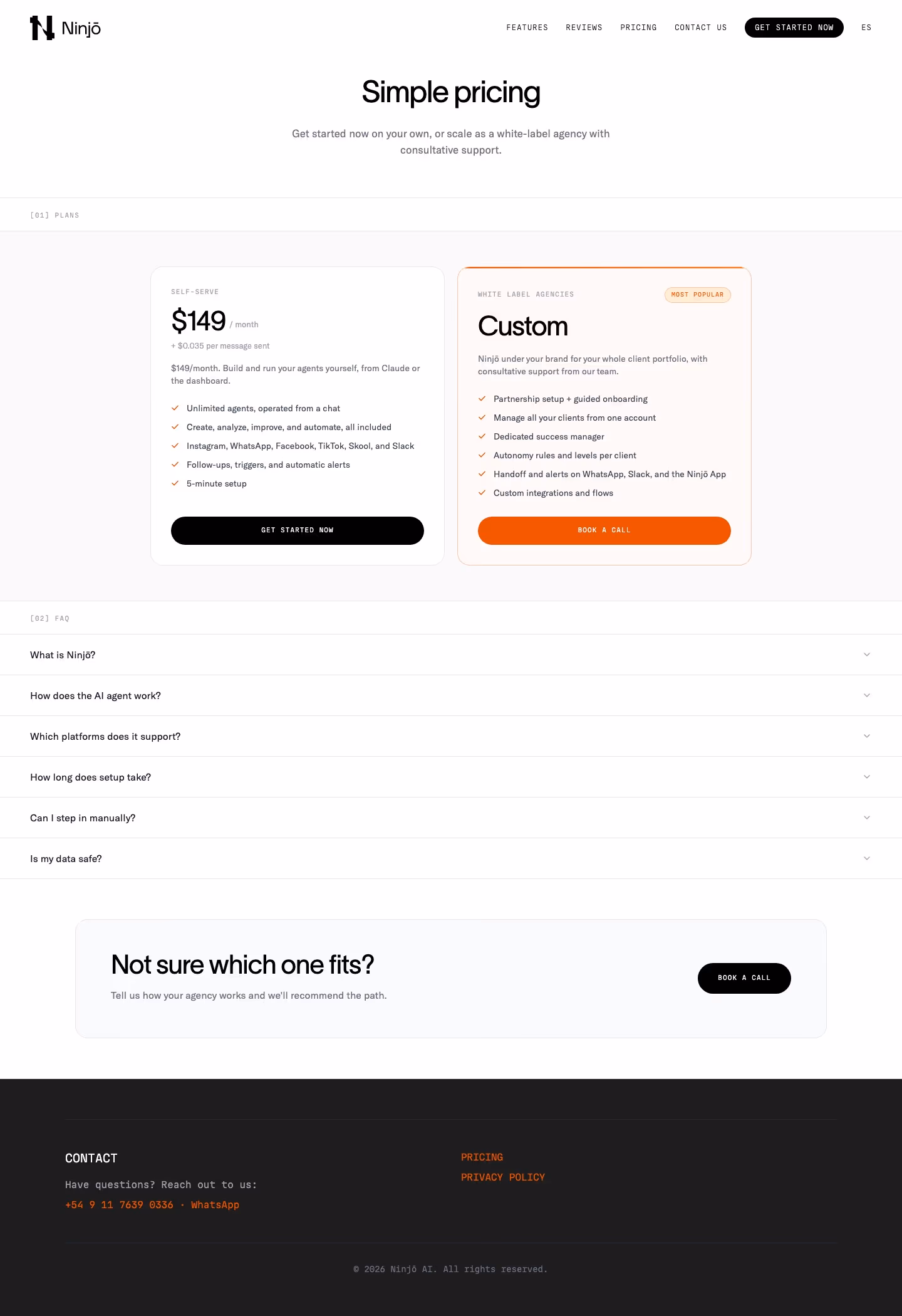 Ninjo Pricing & Plans section design