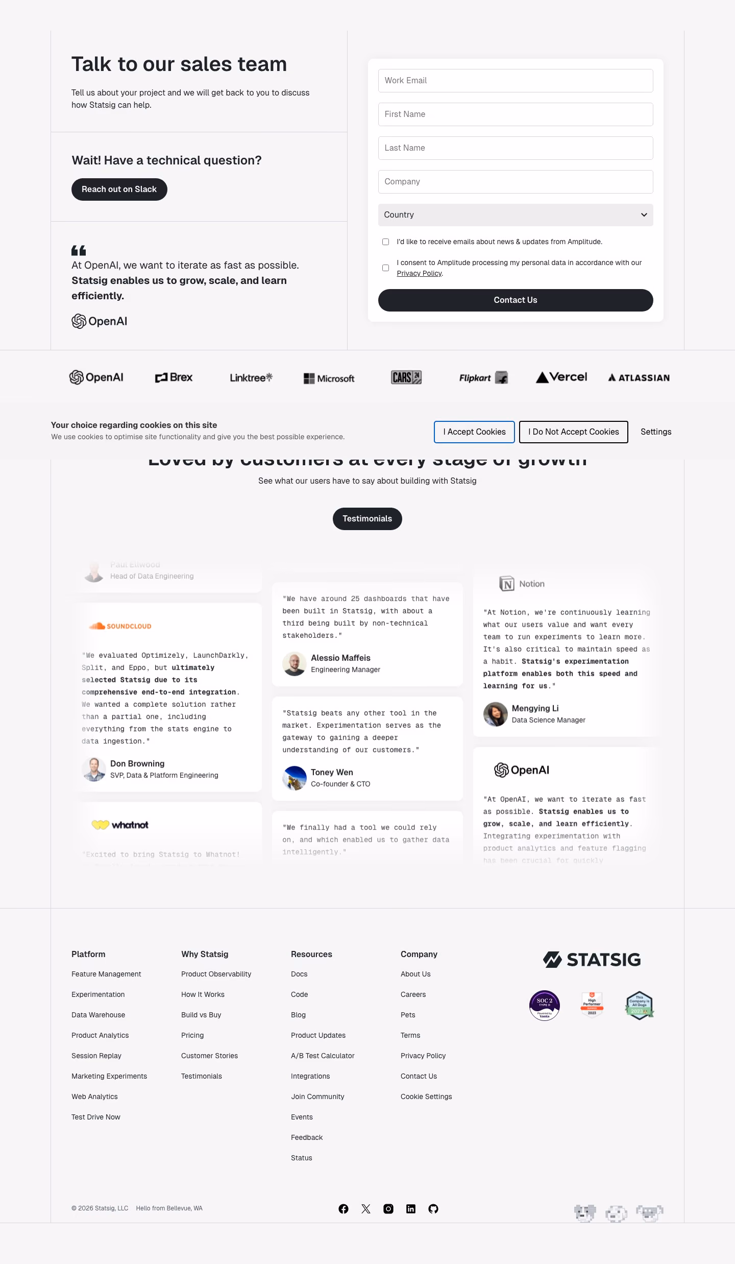 Statsig Contact Us section design