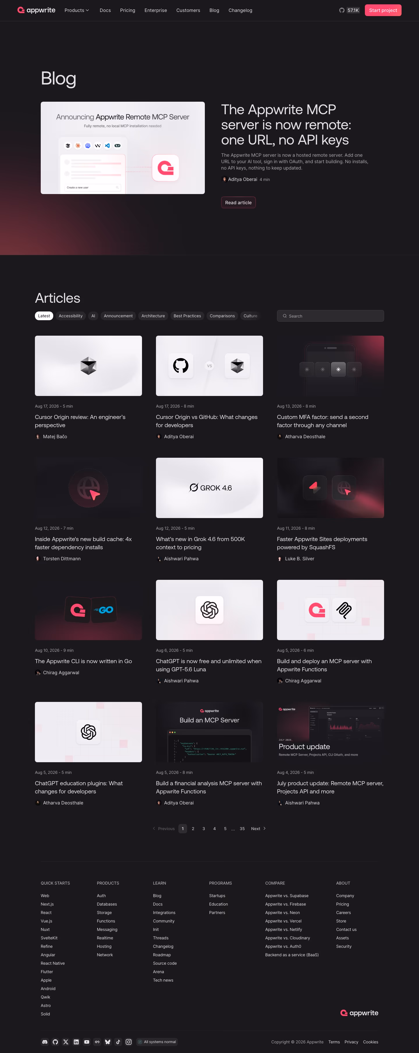 Appwrite Blog pages section design