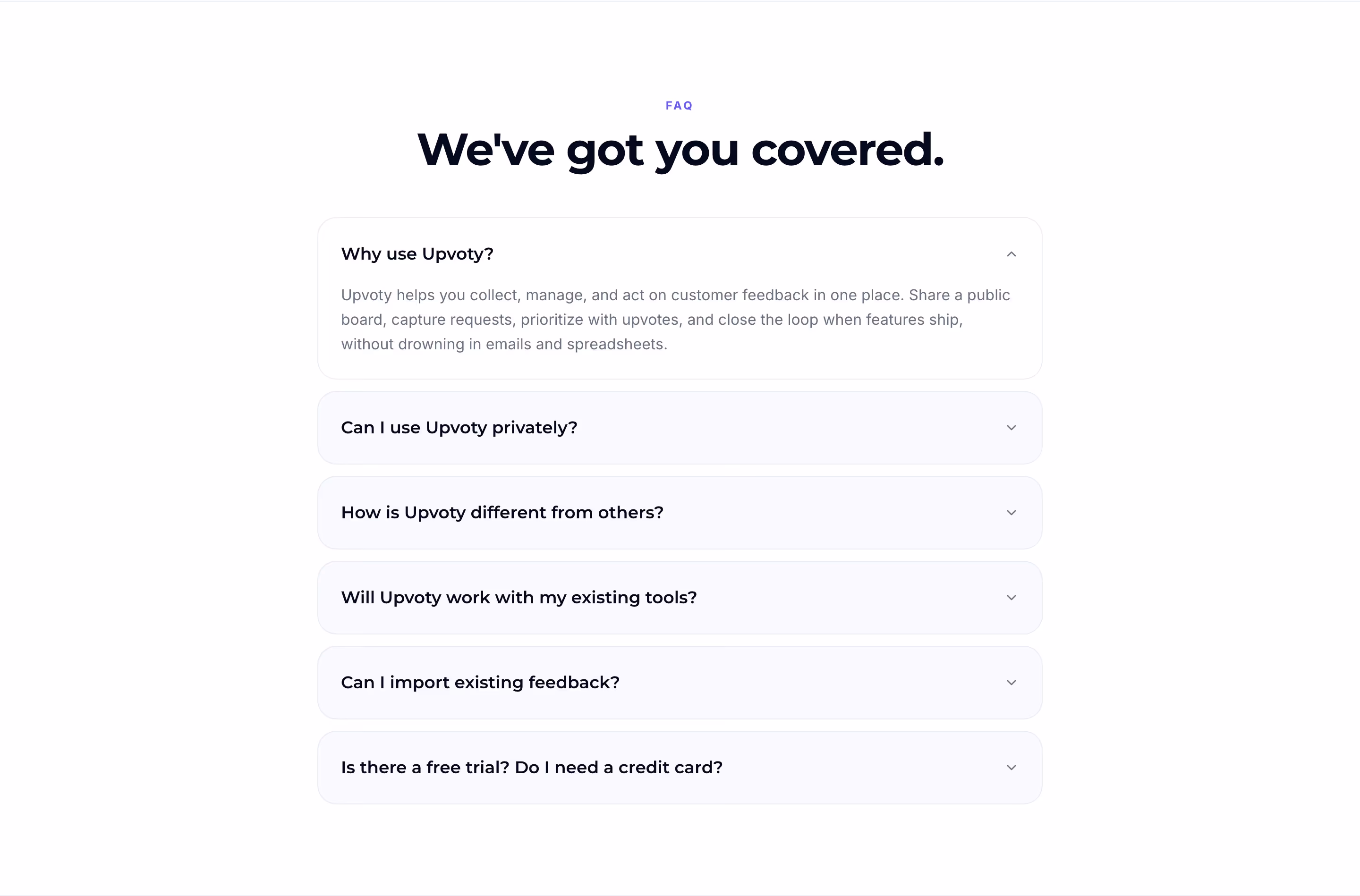 Upvoty FAQs section design