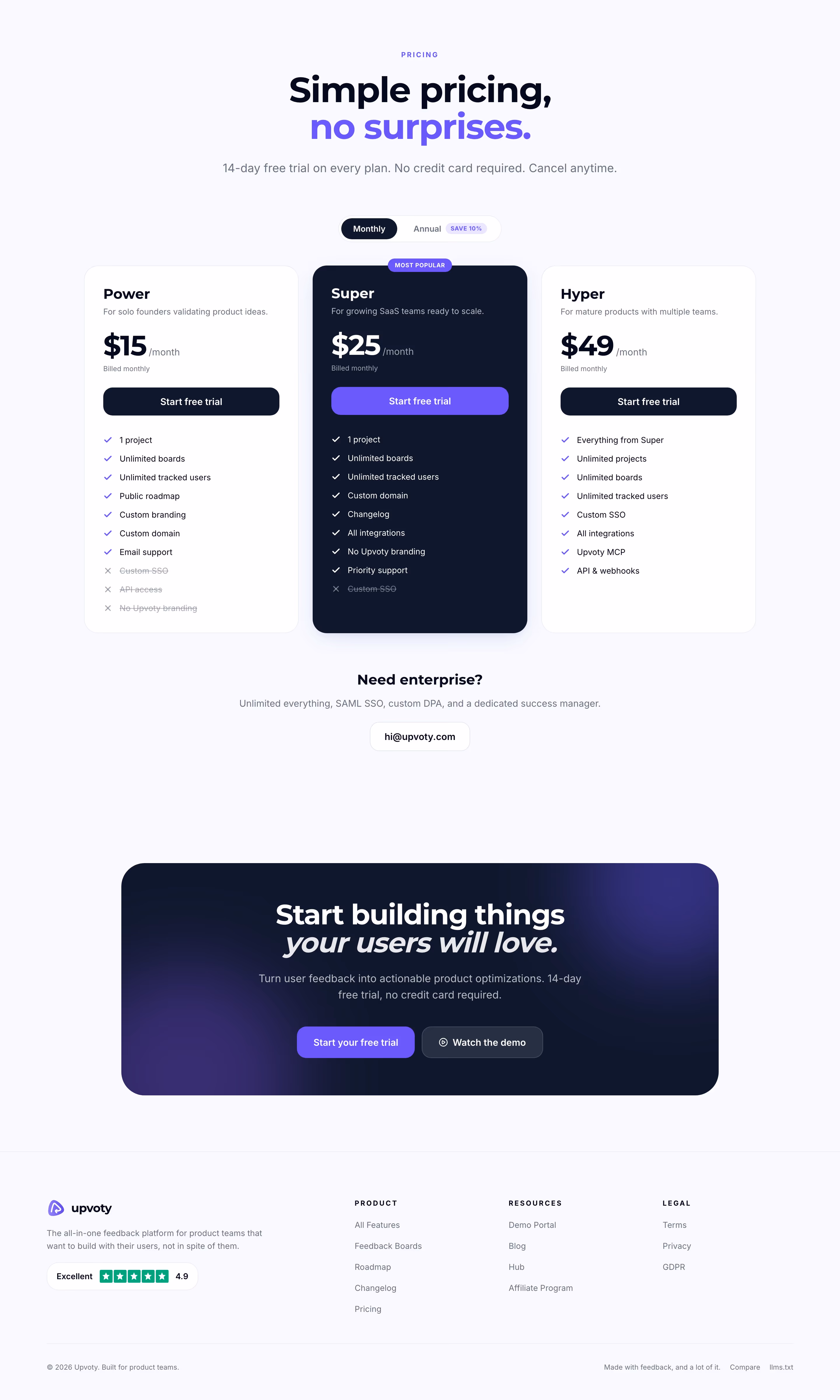 Pricing table on Upvoty's website