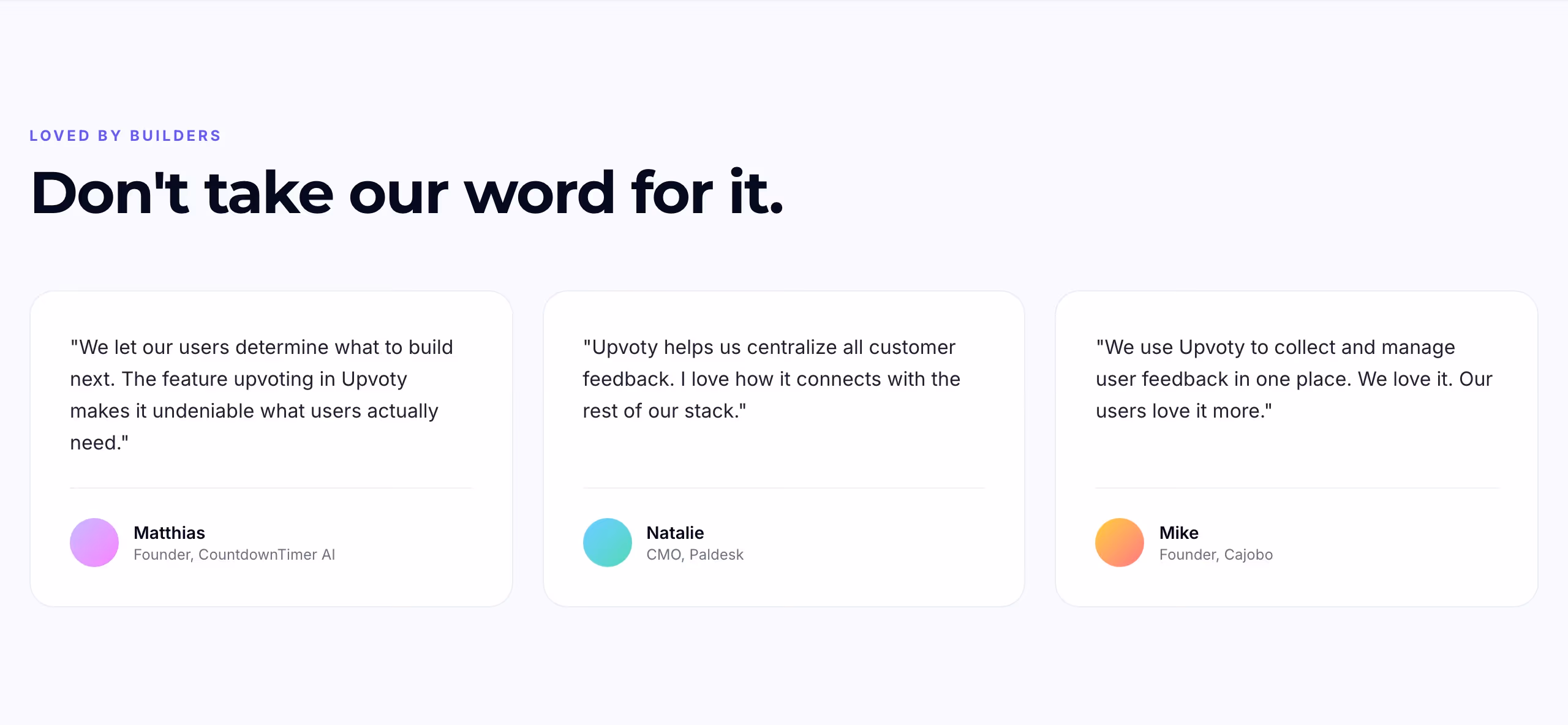 Upvoty Testimonials section design