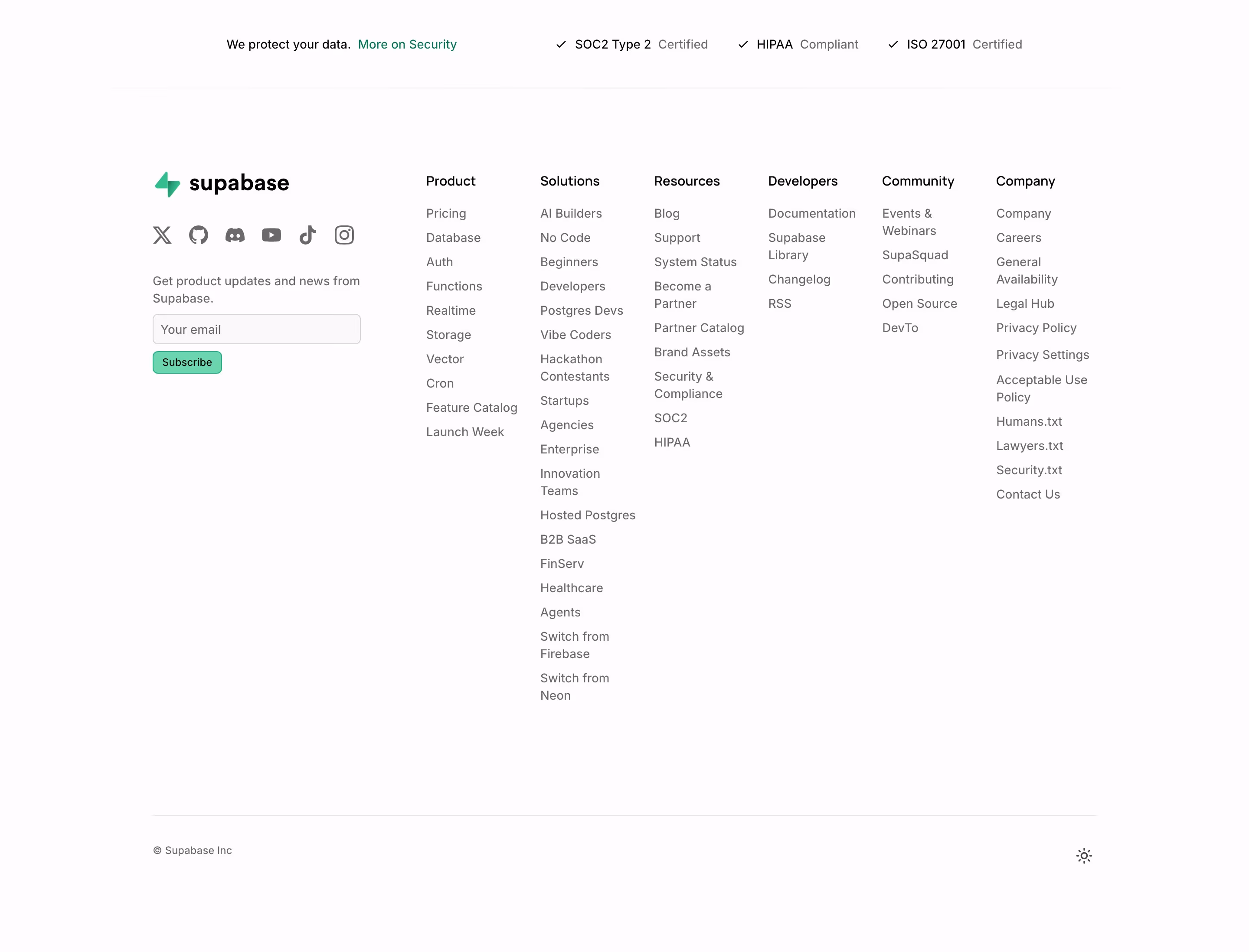 Newsletter signup on Supabase's website