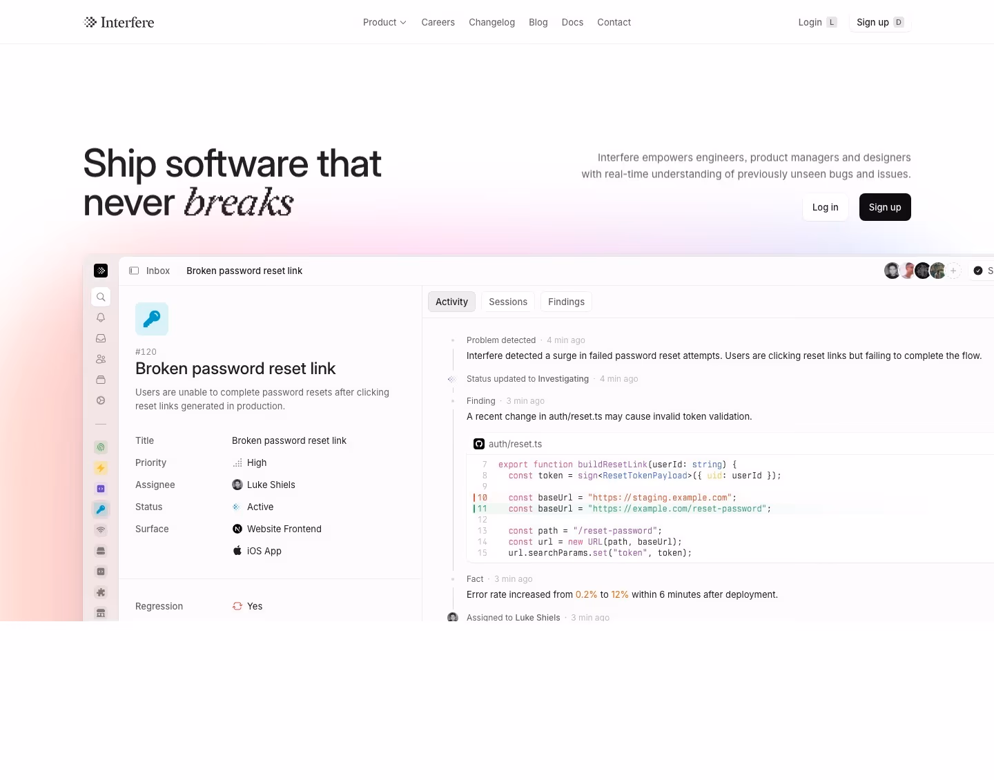 Interfere landing page design