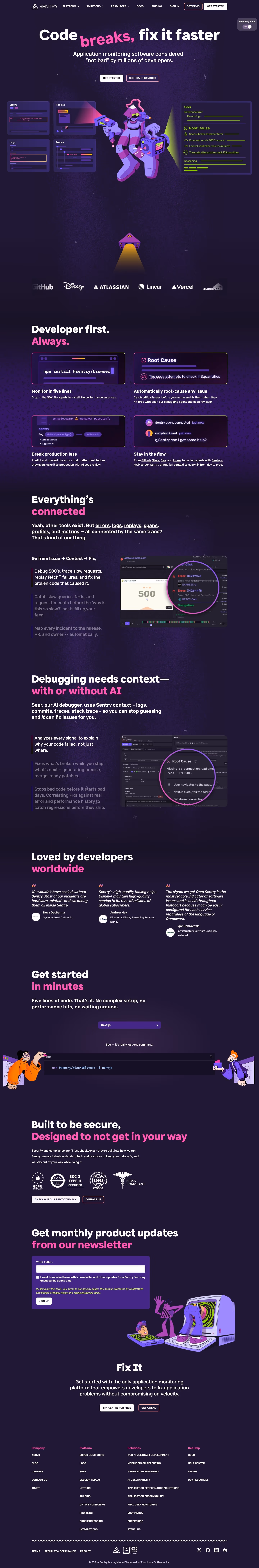 Sentry full landing page screenshot (desktop)