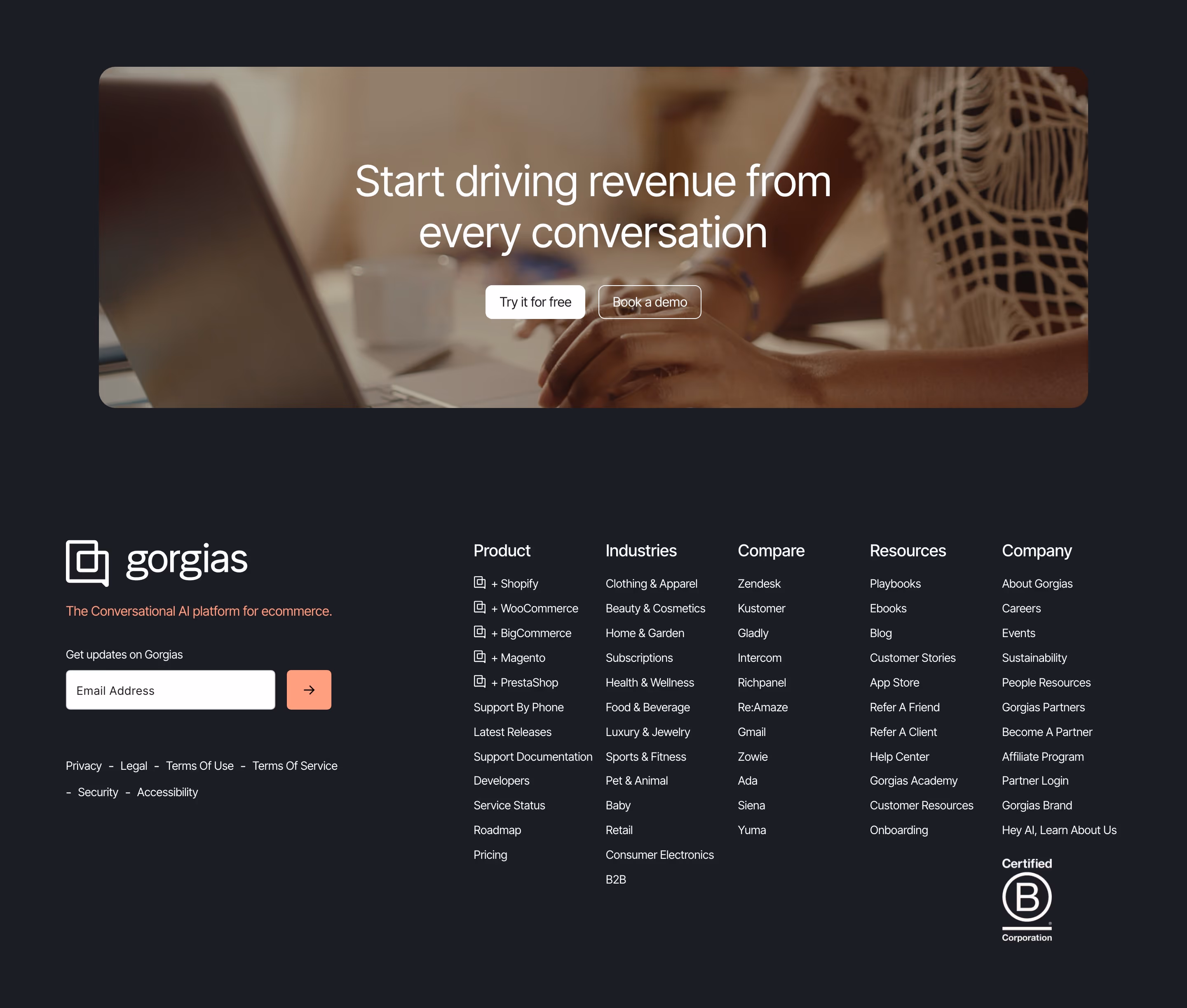 Gorgias footer design — Sales & Support