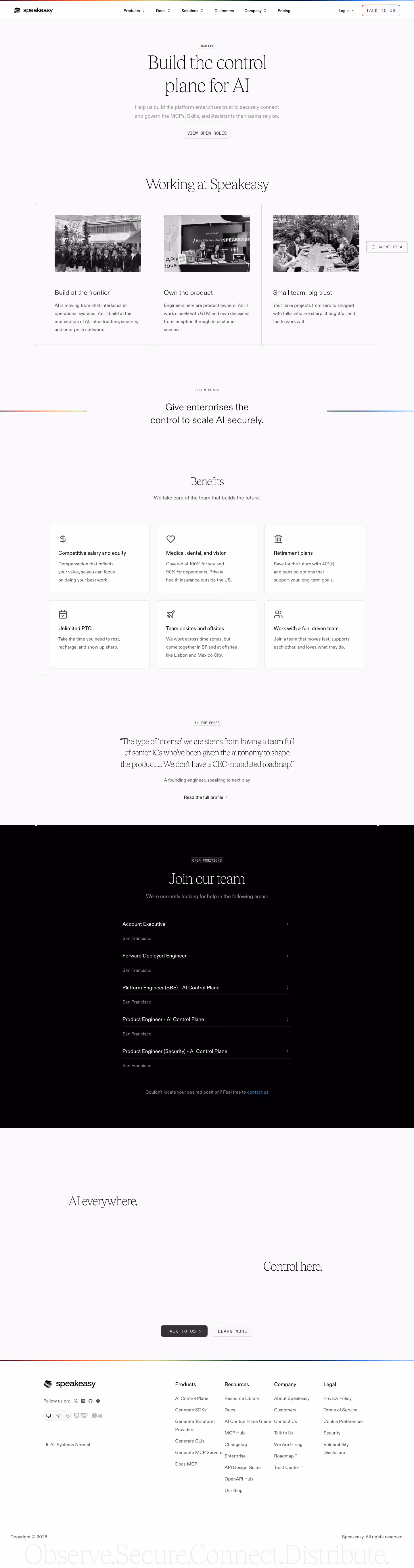 Speakeasy Careers pages section design