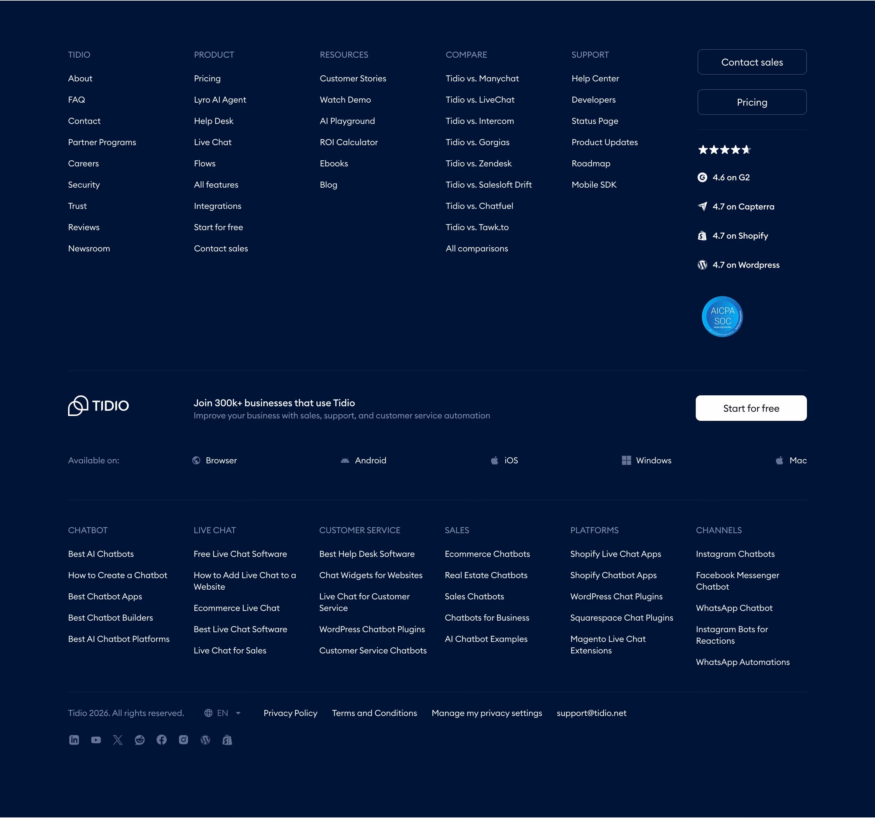 Tidio footer — Sales & Support