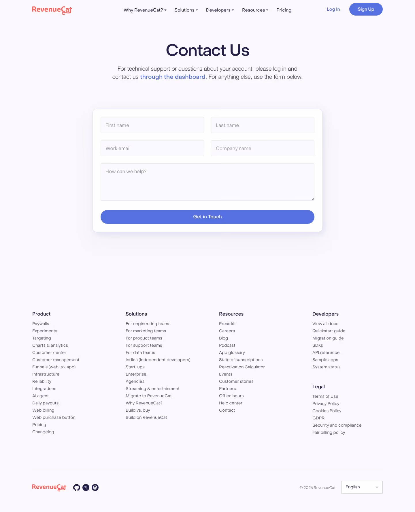 Revenuecat Contact Us section design