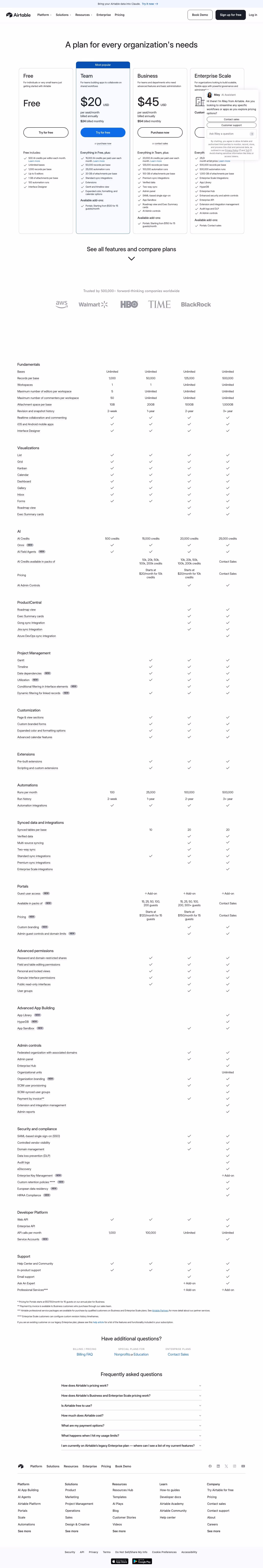 Airtable Pricing & Plans section design