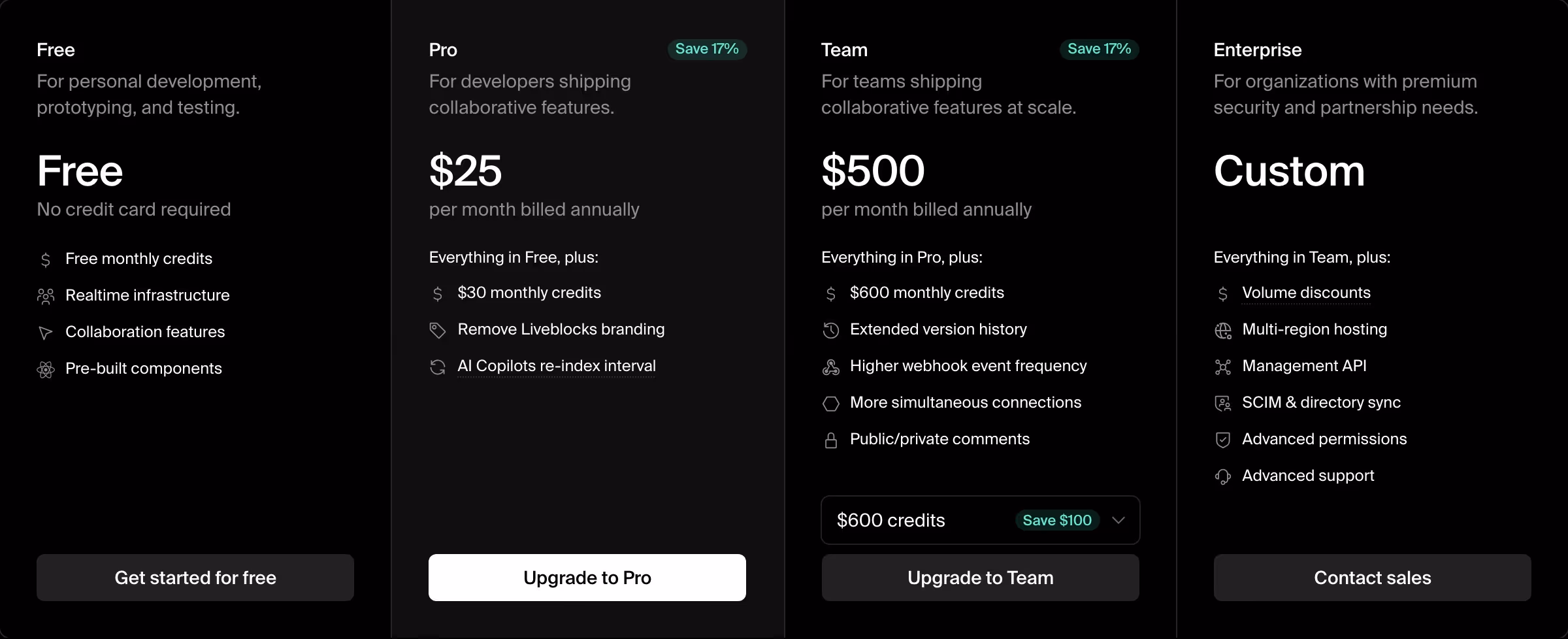 Liveblocks Pricing section design