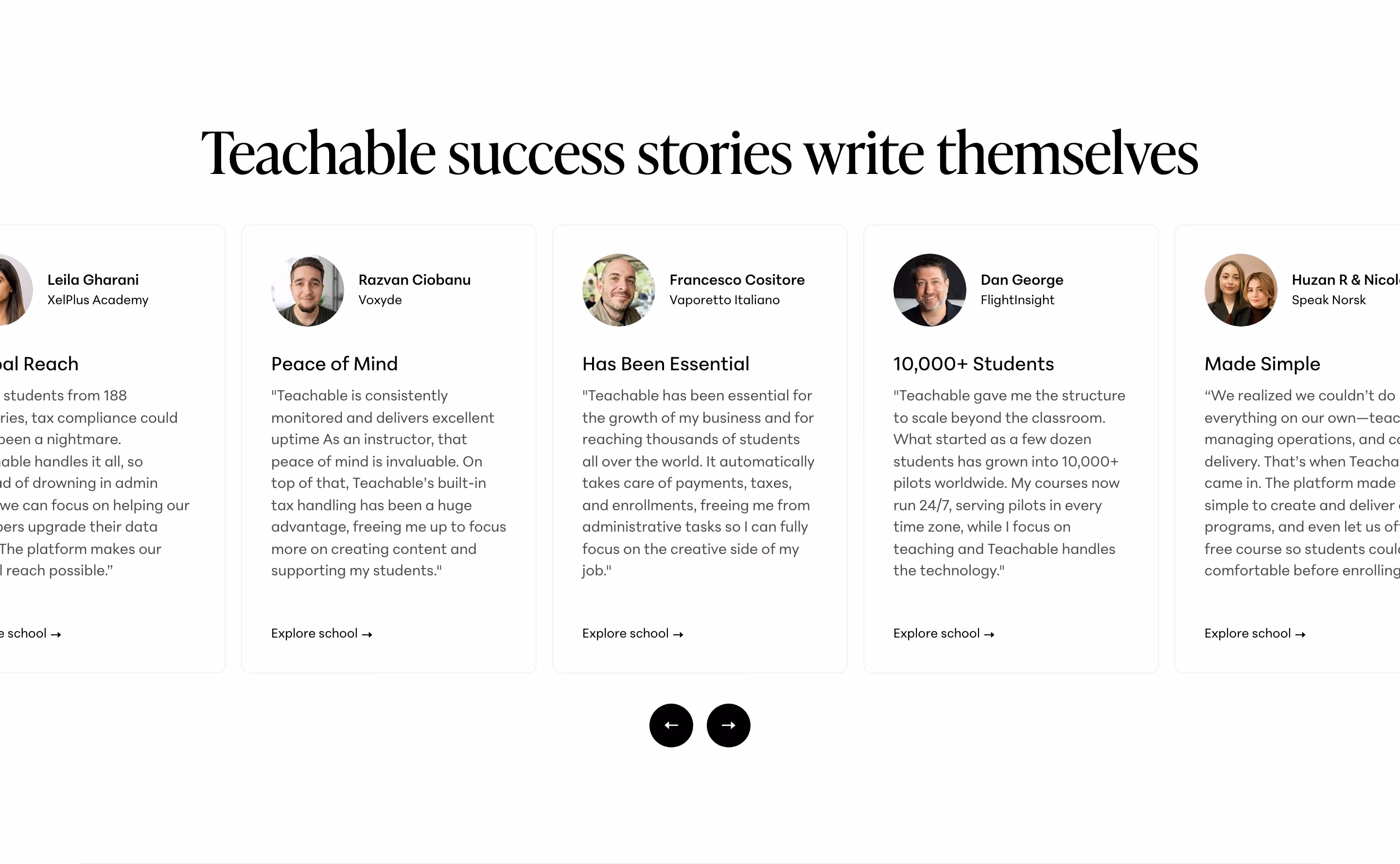 Teachable Testimonials section design