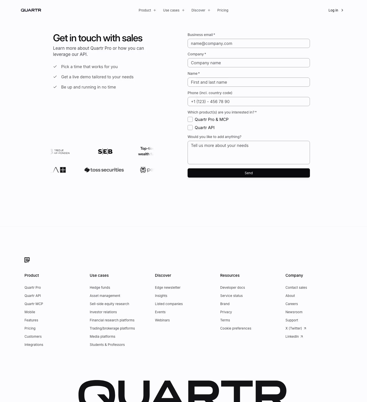 Quartr Contact Us section design
