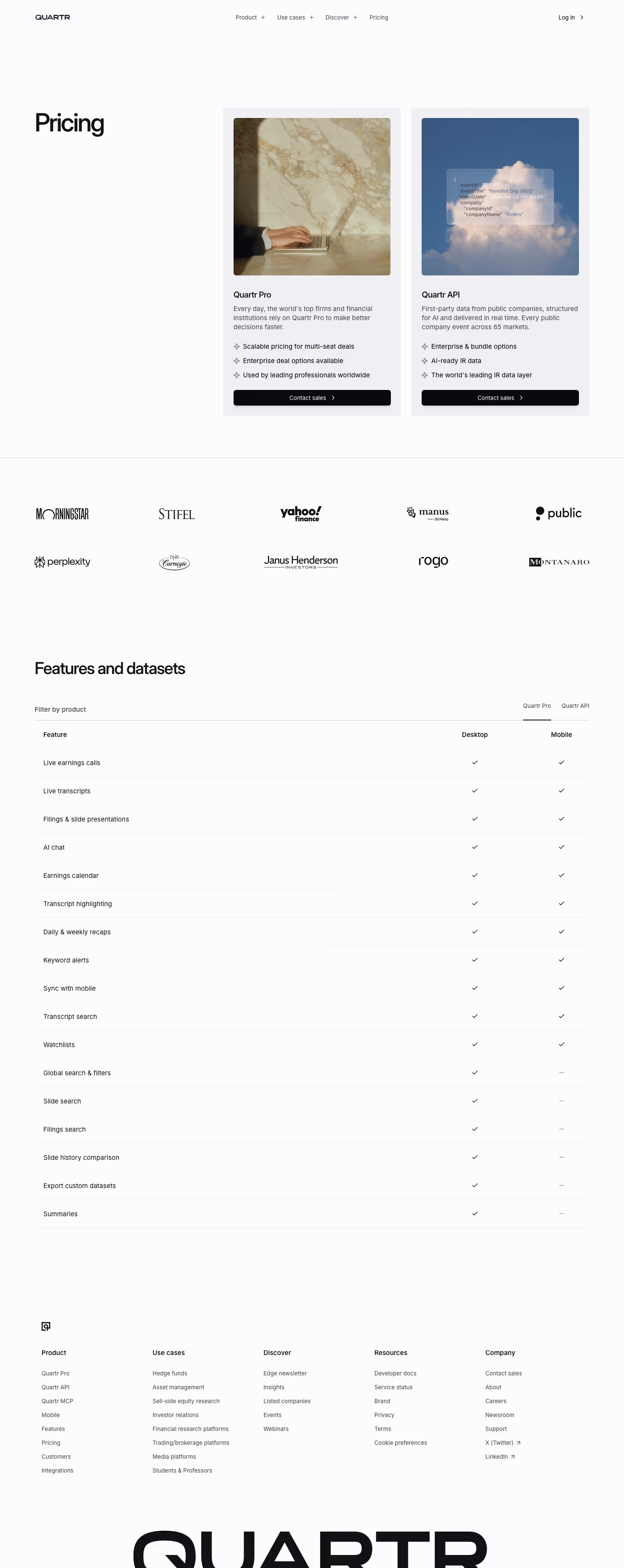 Quartr Pricing & Plans section design