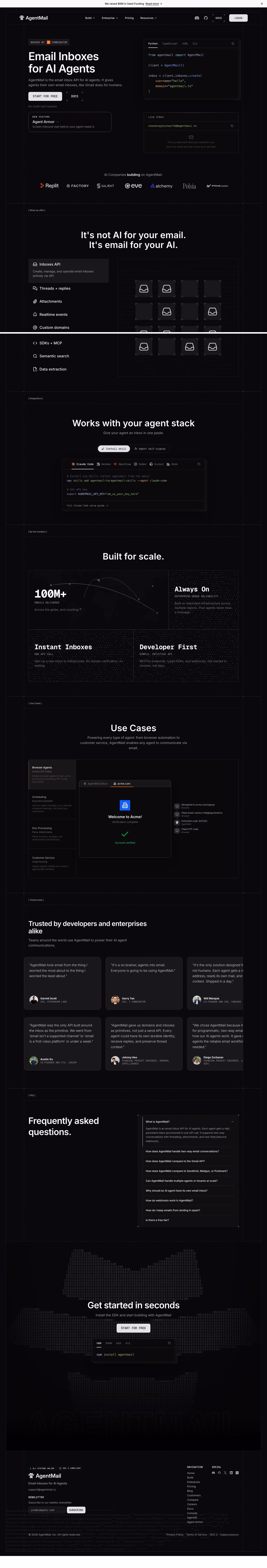 Agentmail landing page design — Engineering & Infrastructure