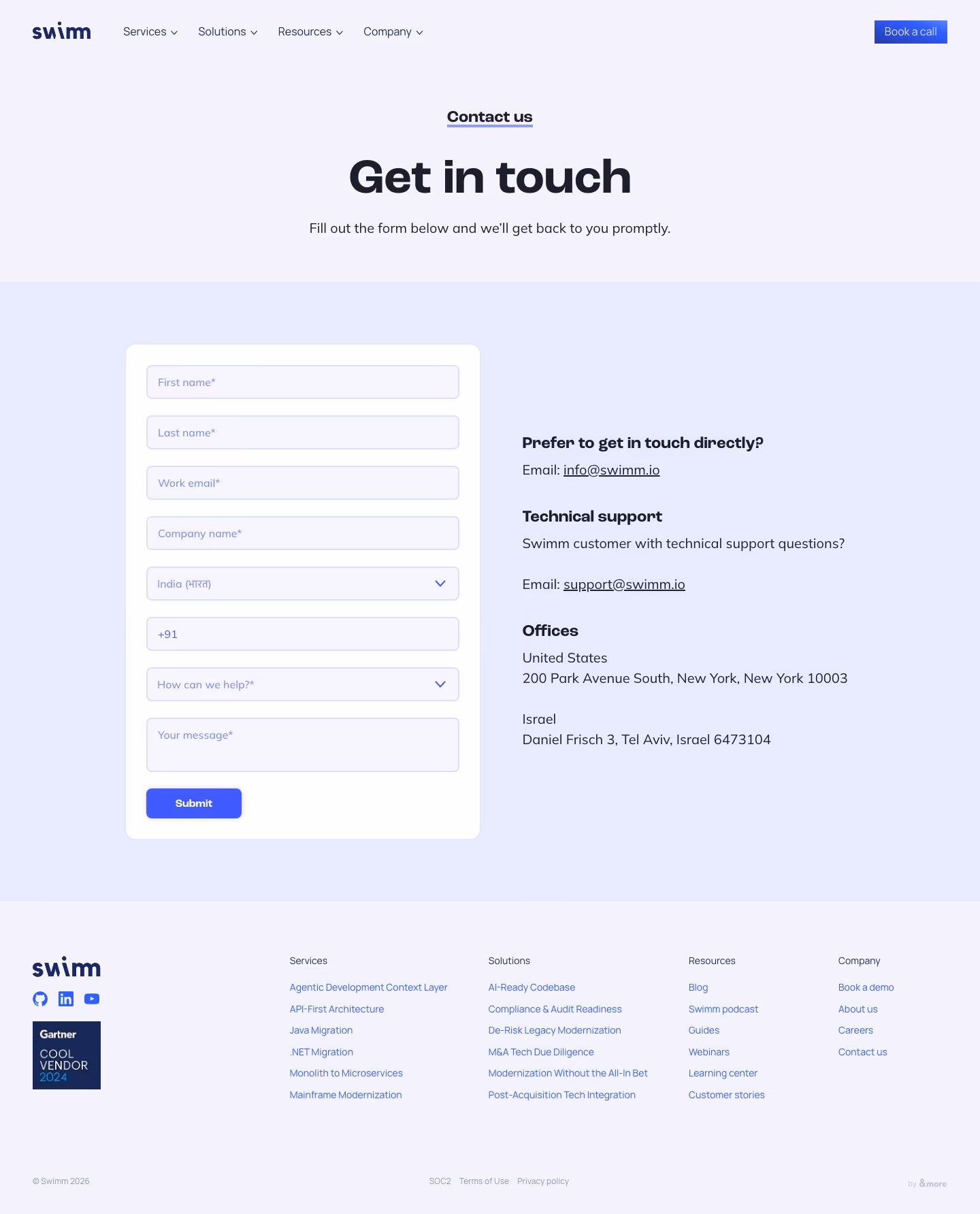 Swimm Contact Us section design