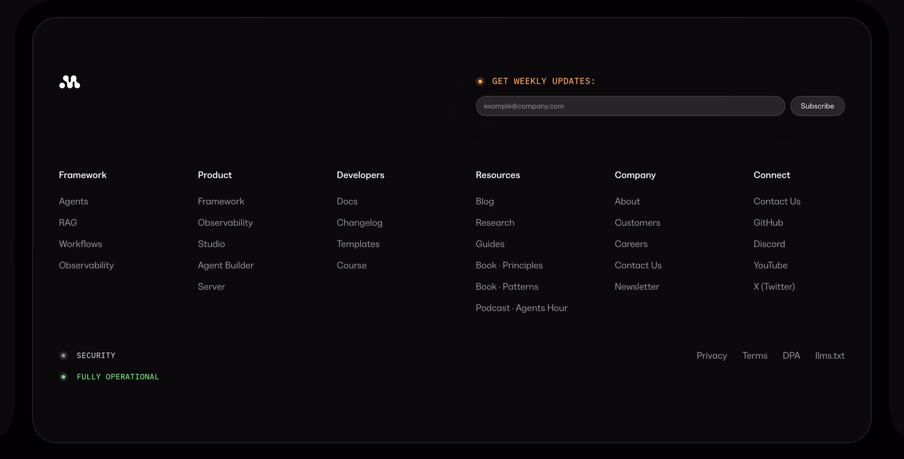 Status indicator on Mastra's website