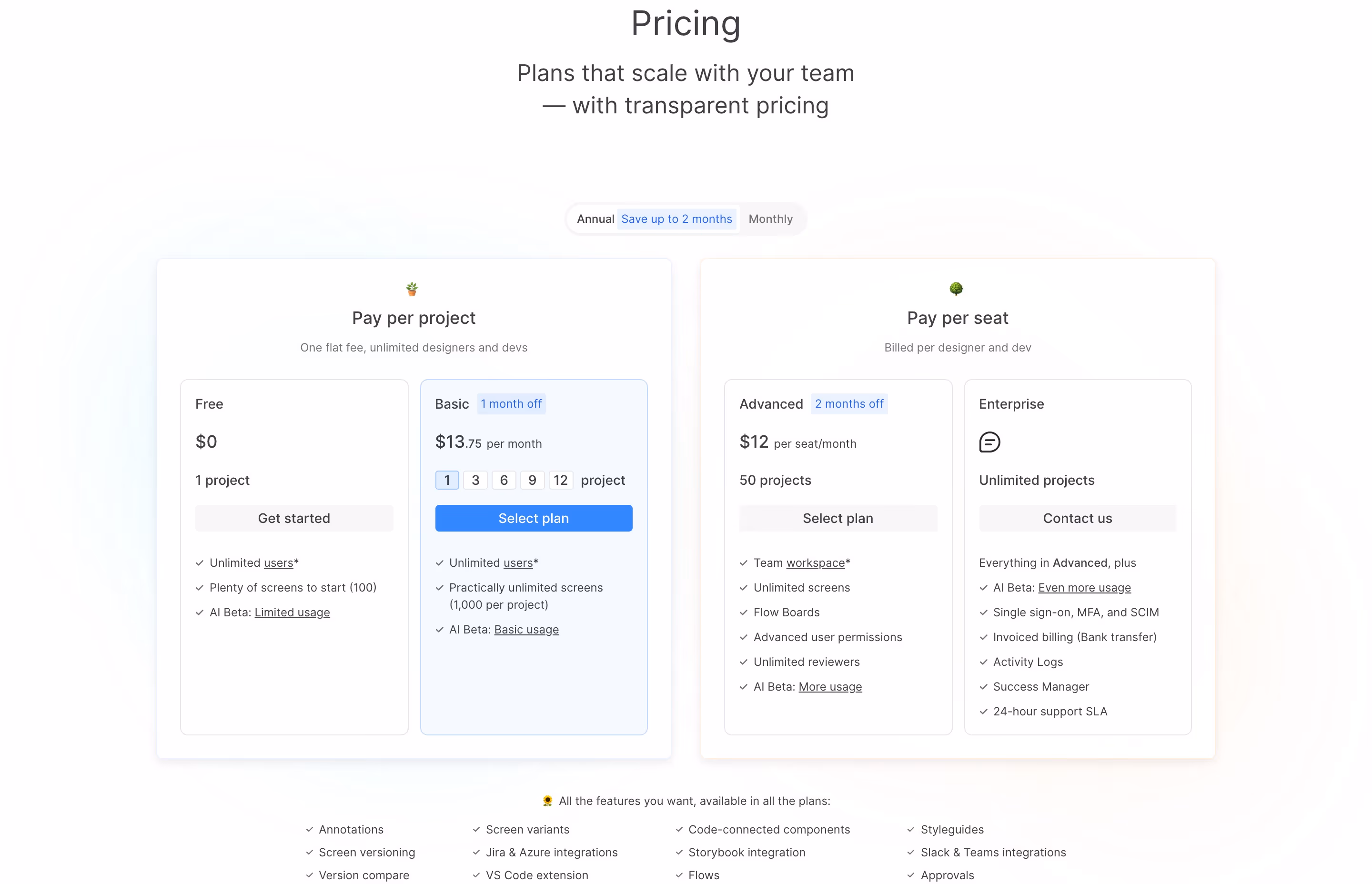 Zeplin Pricing section design