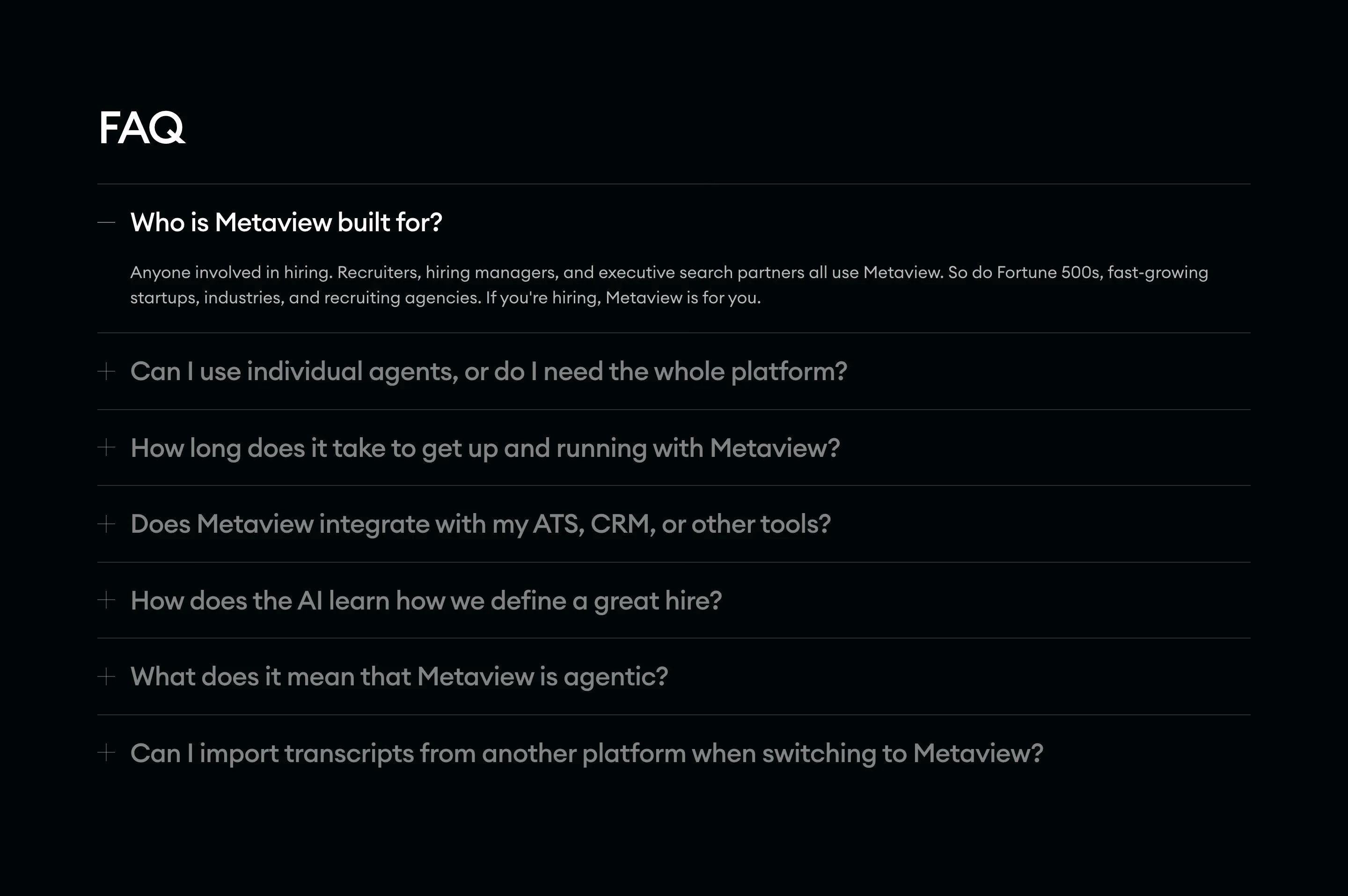 Metaview FAQs section design