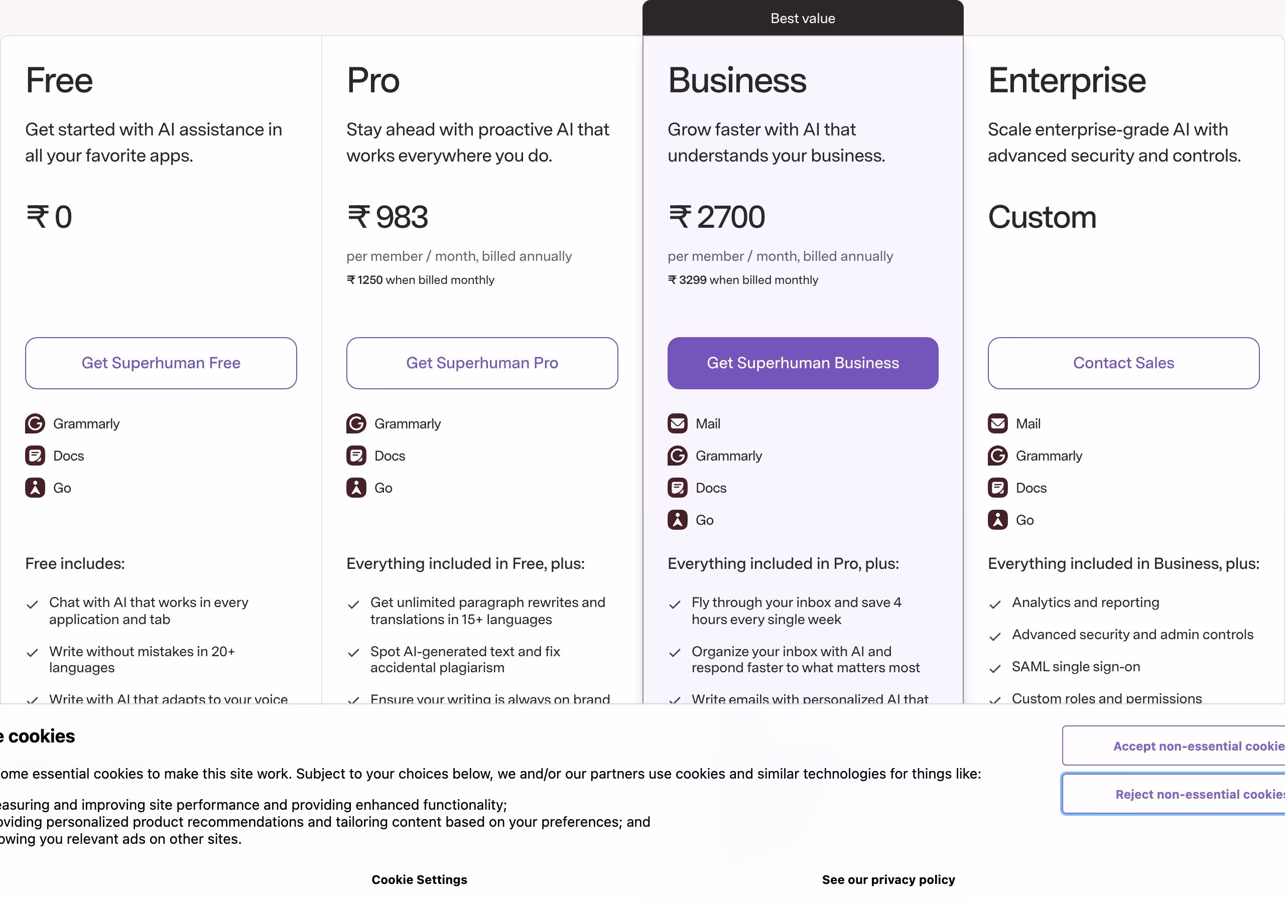 Superhuman Pricing section design