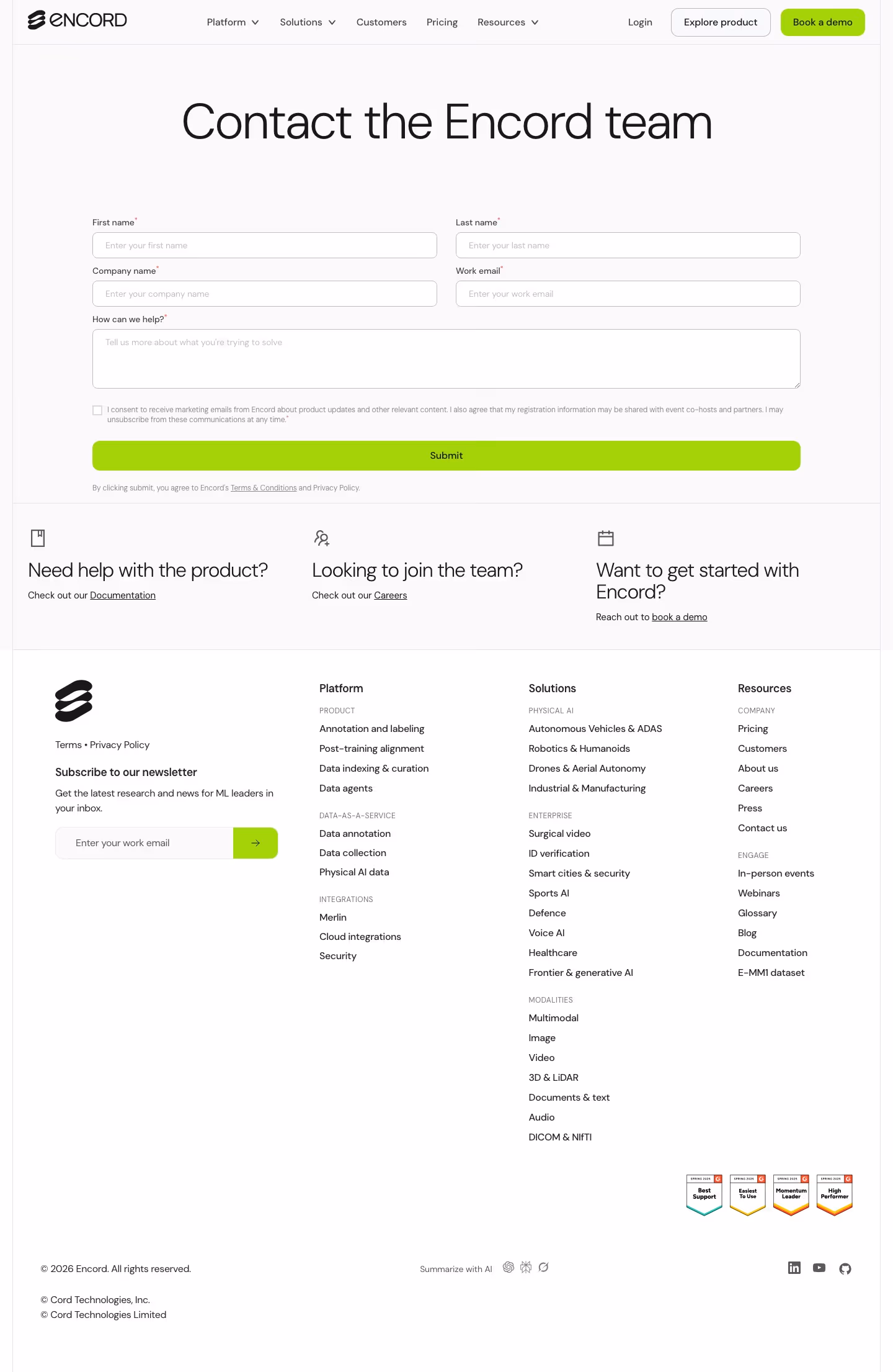 Encord Contact Us section design