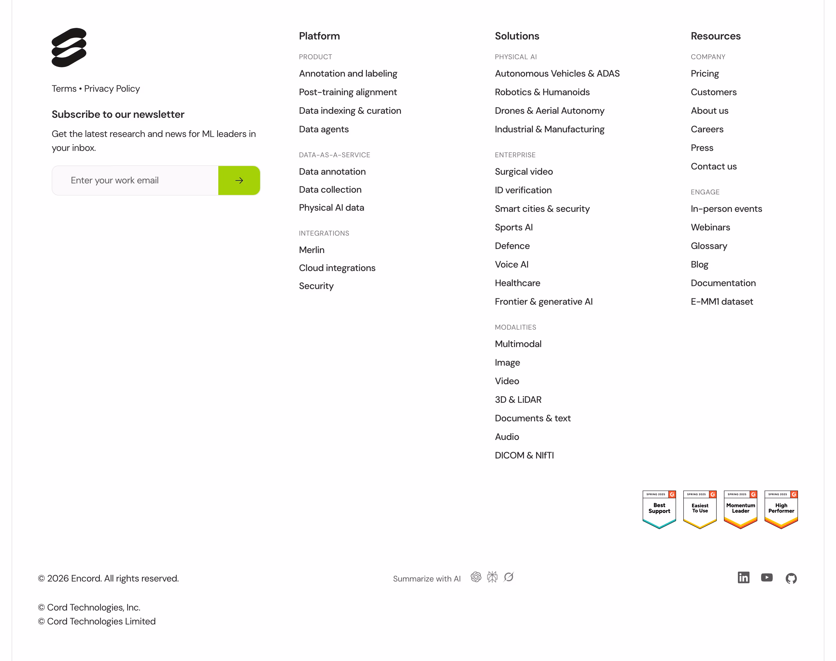 Encord Footers section design